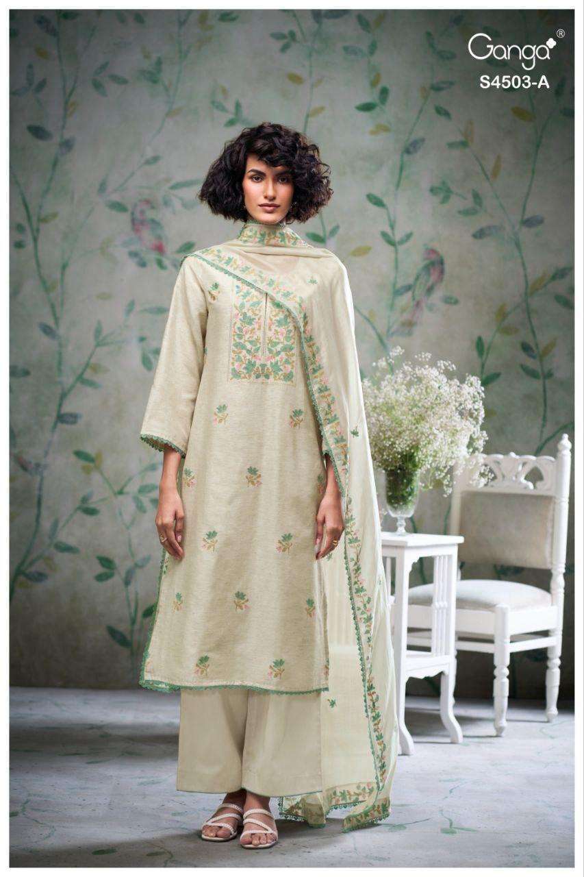 FIVYA SERIES 4503 BY GANGA DESIGNER HAND EMBROIDERY WORK AND SCHIFFLI EMBROIDERY WORK BEMBERG SILK SUITS ARE AVAILABLE AT WHOLESALE PRICE