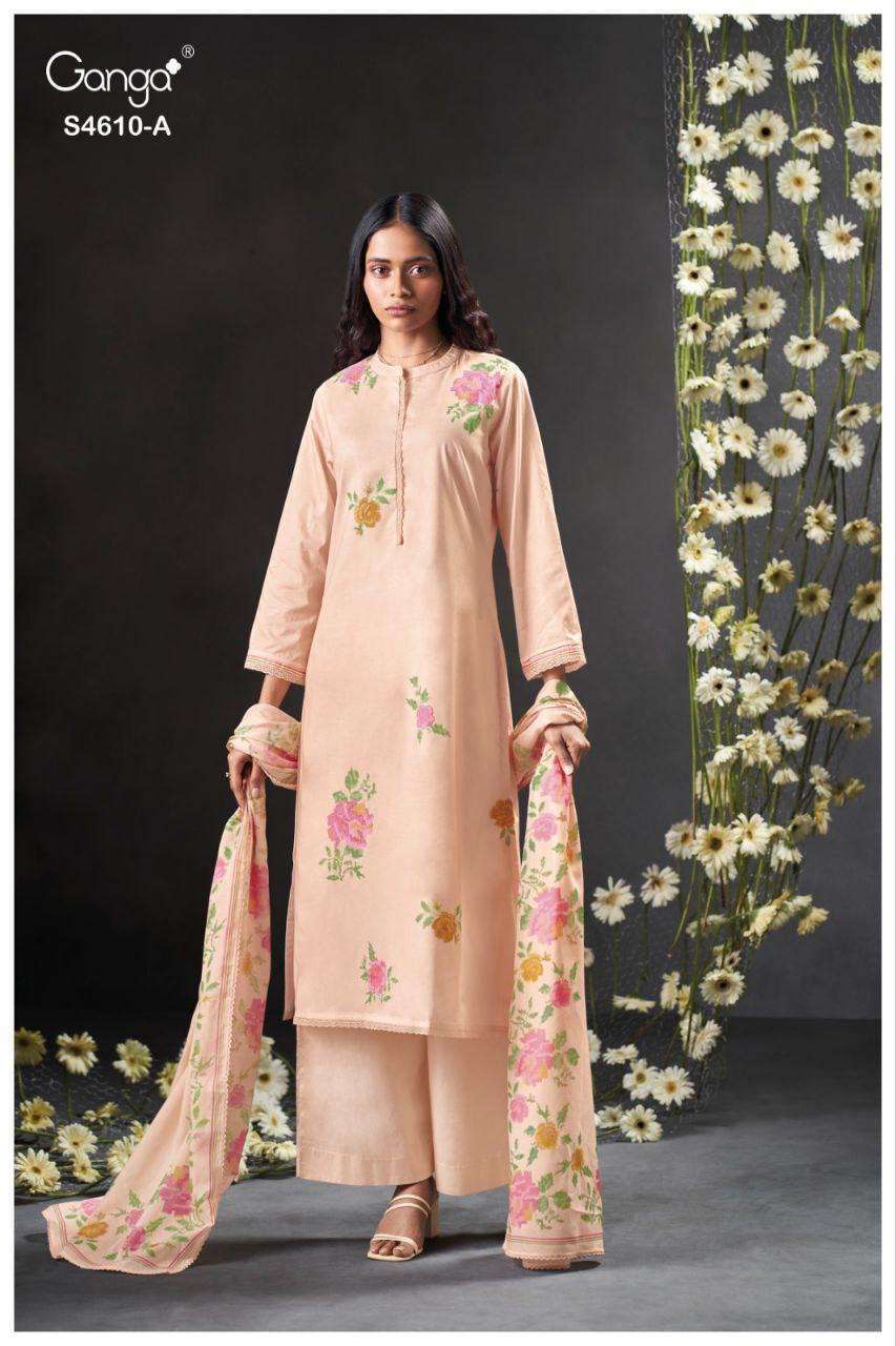 FLORIE SERIES 4610 BY GANGA DESIGNER COTTON PRINTED WITH HAND WORK AND HAND EMBROIDERY WORK SUITS ARE AVAILABLE AT WHOLESALE PRICE