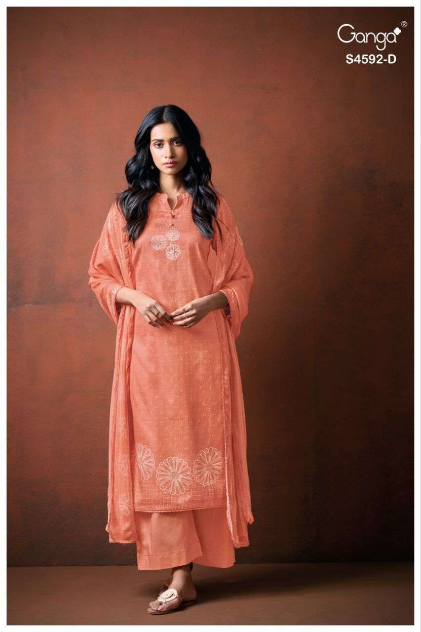 GIREL SERIES 4592 BY GANGA DESIGNER PRINTED AND HAND WORK COTTON SATIN SUITS ARE AVAILABLE AT WHOLESALE PRICE