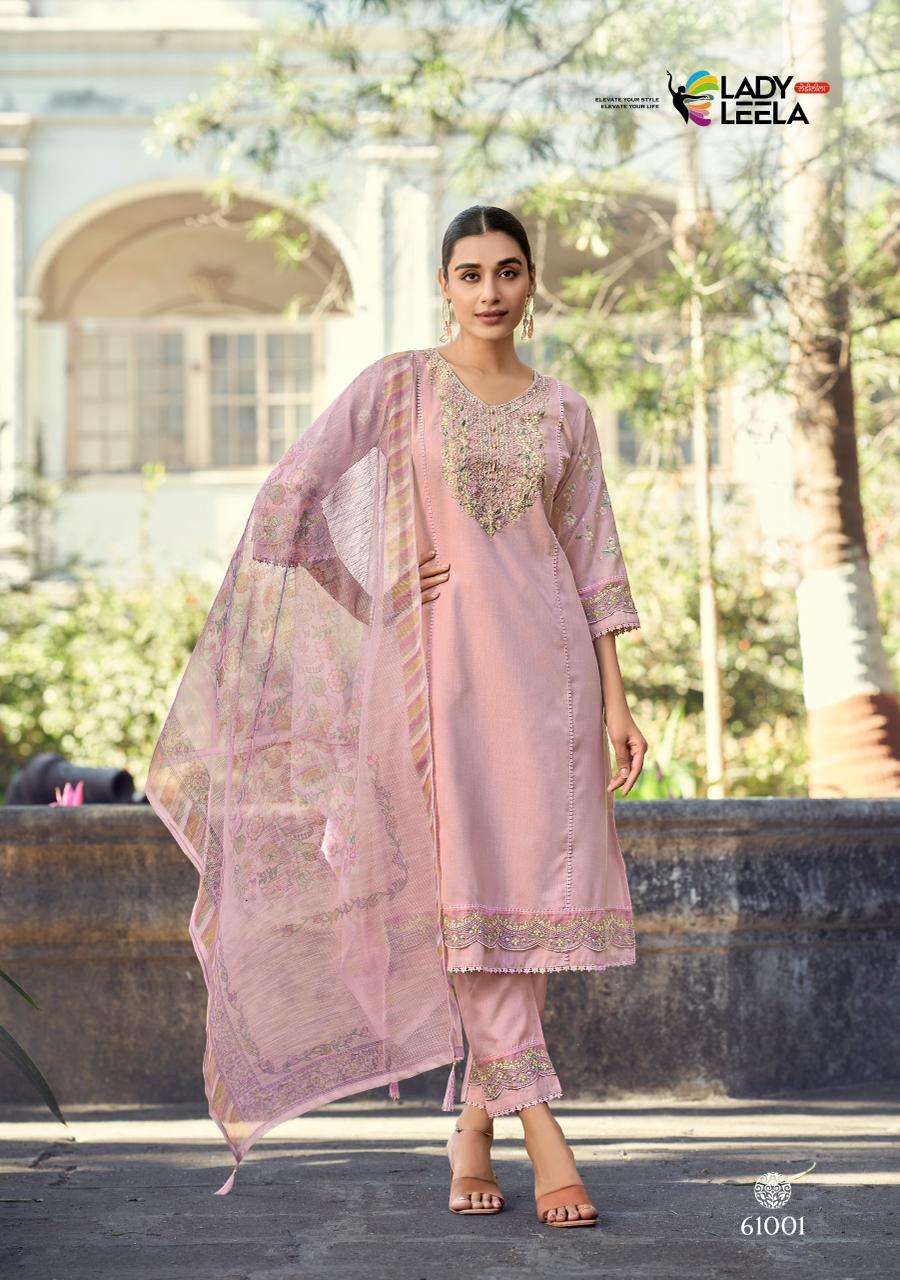 GULZAR SERIES 61001 TO 61004 BY LADY LEELA DESIGNER EMBROIDERY AND HAND WORK LINEN TOP WITH BOTTOM AND DUPATTA ARE AVAILABLE AT WHOLESALE PRICE