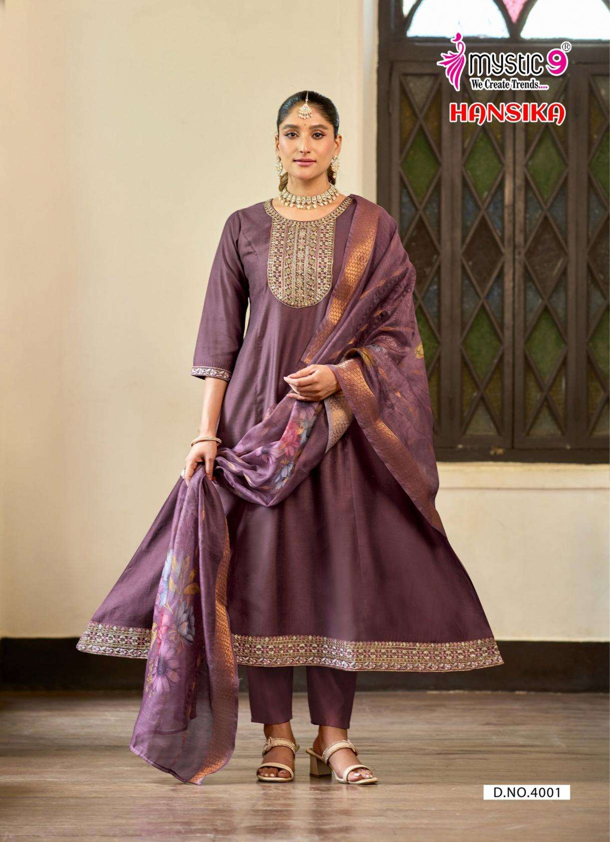 HANSIKA VOL-4 SERIES 4001 TO 4008 BY MYSTIC 9 DESIGNER GADHWAL WORK FLAIR KURTI WITH BOTTOM AND DUPATTA ARE AVAILABLE AT WHOLESALE PRICE