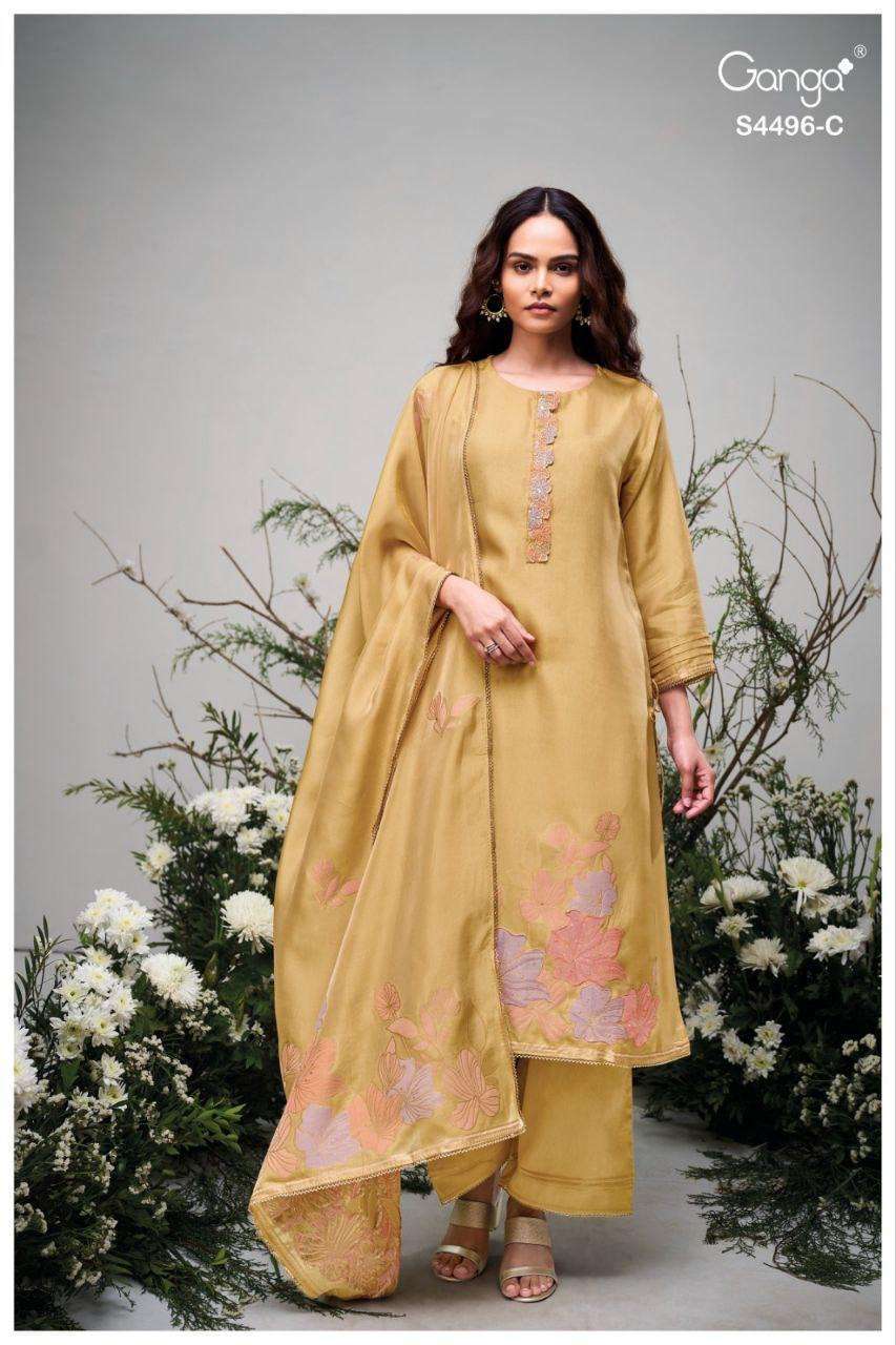 HUSNA SERIES 4496 BY GANGA DESIGNER HAND EMBROIDERY AND HAND WORK VISCOSE WOVEN SILK JACQUARD SUITS ARE AVAILABLE AT WHOLESALE PRICE