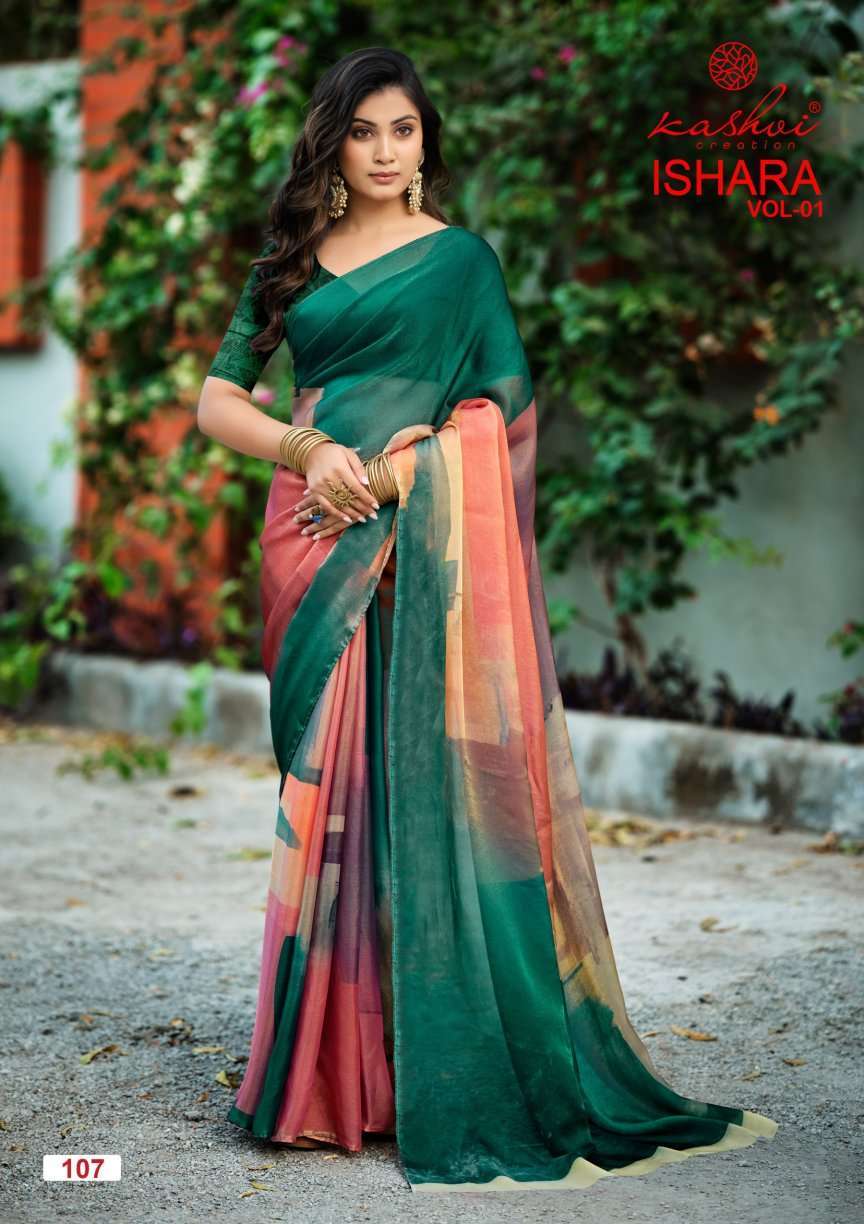 ISHARA VOL-1 SERIES 101 TO 106 SAREE BY KASHVI DESIGNER DIGITAL PRINTED MOSS SAREES ARE AVAILABLE AT WHOLESALE PRICE