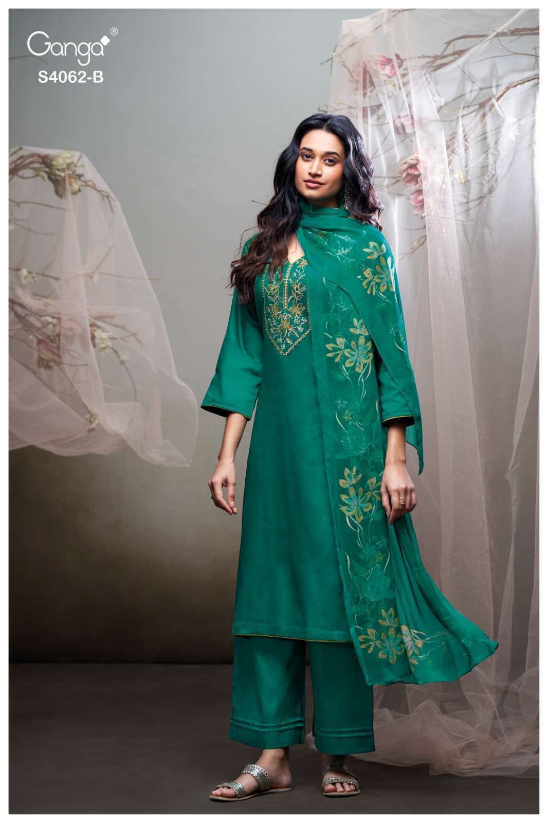 IZYRA SERIES 4062 BY GANGA DESIGNER PRINTED AND EMBROIDERY WORK COTTON SATIN SUITS ARE AVAILABLE AT WHOLESALE PRICE