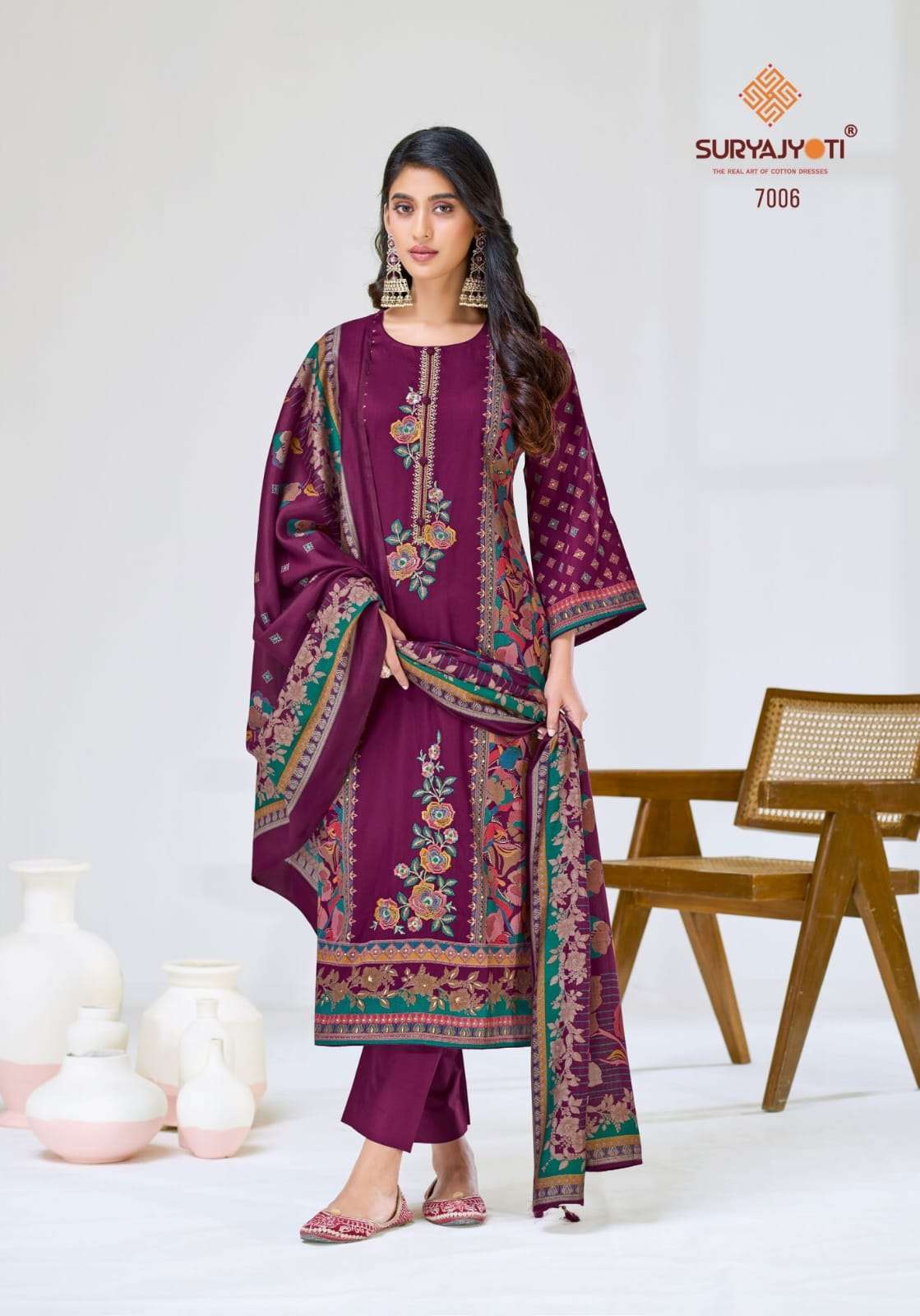 KAAMINI VOL-1 SERIES 1001 TO 1006 BY SURYAJYOTI DESIGNER JAM SATIN DISCHARGE PRINT WITH FOIL AND FULL TOP FANCY EMBROIDERY WORK SUITS ARE AVAILABLE AT WHOLESALE PRICE