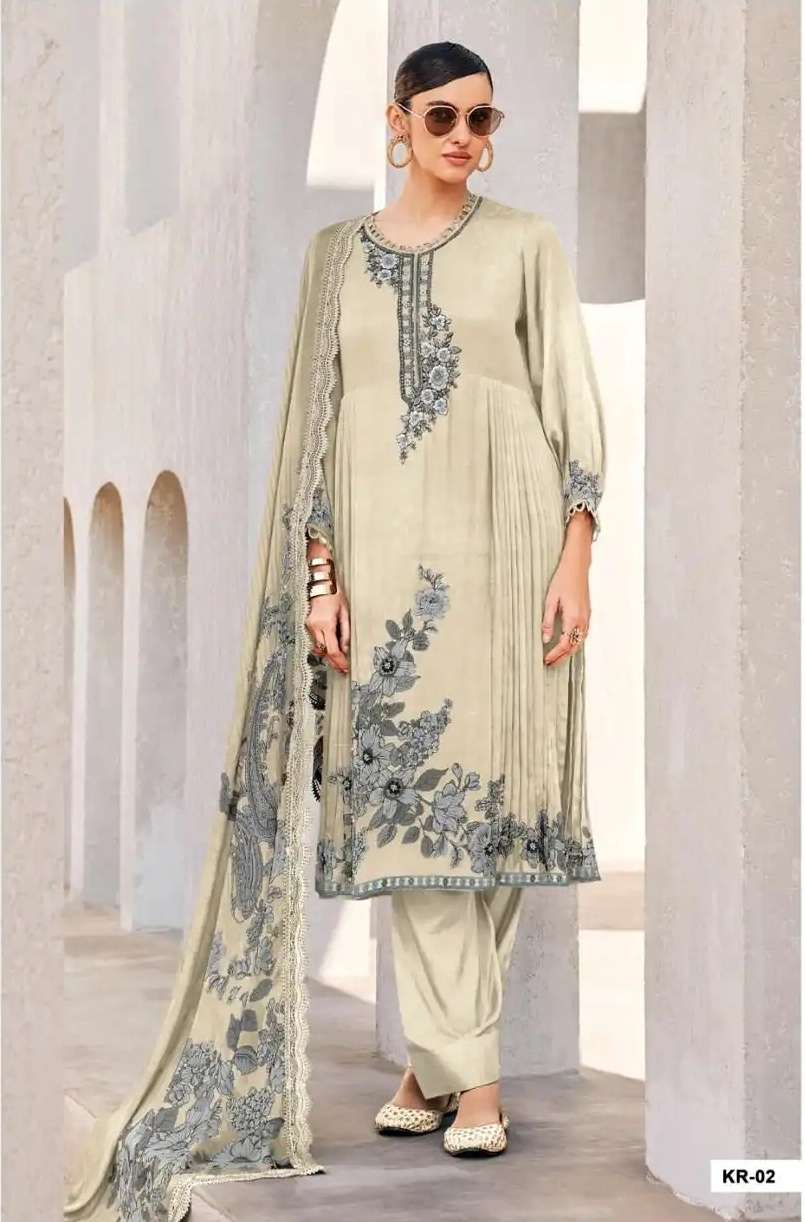 KAIRO SERIES 01 TO 03 BY VARSHA DESIGNER VISCOSE MUSLIN DIGITAL PRIN TED AND EMBROIDERY WORK SUITS ARE AVAILABLE AT WHOLESALE PRICE
