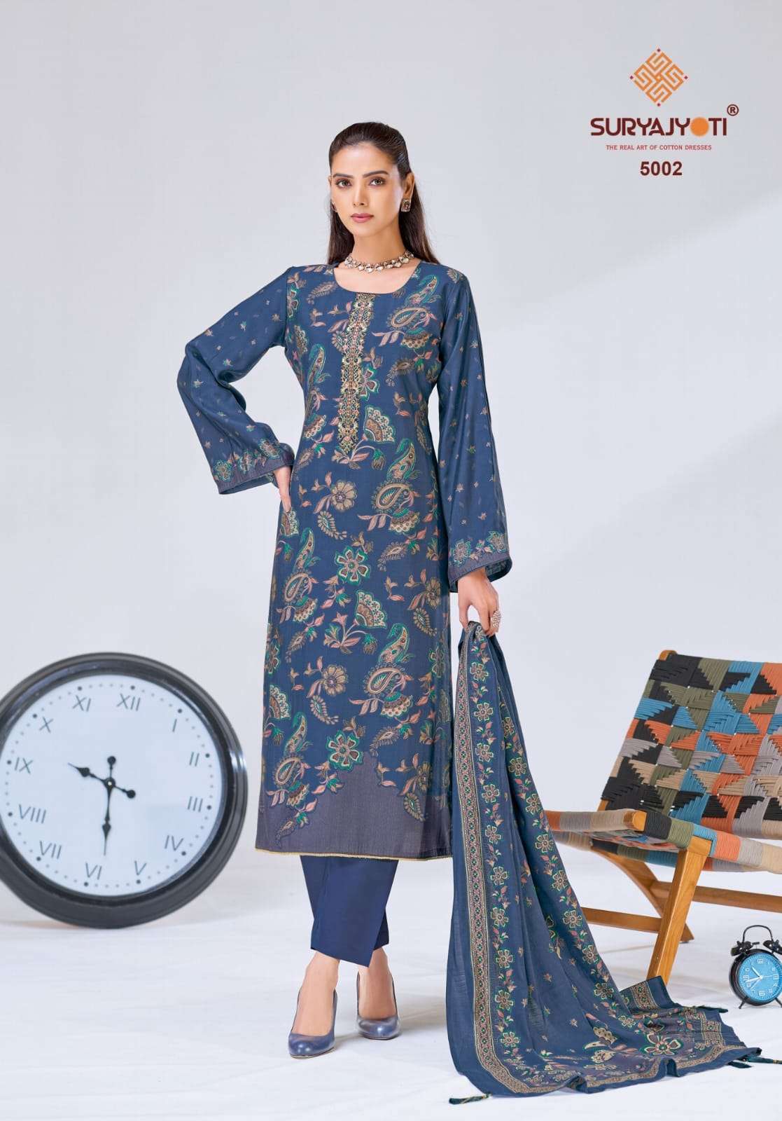 KAJAL VOL-5 SERIES 5001 TO 5006 BY SURYAJYOTI DESIGNER MODAL SILK DISCHARGE PRINT AND EMBROIDERY WORK SUITS ARE AVAILABLE AT WHOLESALE PRICE