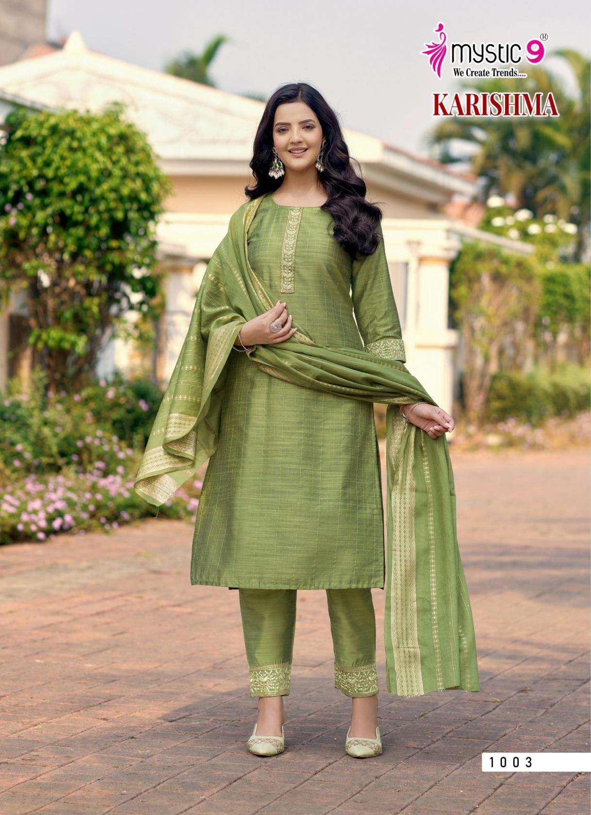 KARISHMA VOL-1 SERIES 1001 TO 1008 BY MYSTIC 9 DESIGNER EMBROIDERY WORK BANGLORY SILK TOP WITH BOTTOM AND DUPATTA ARE AVAILABLE AT WHOLESALE PRICE