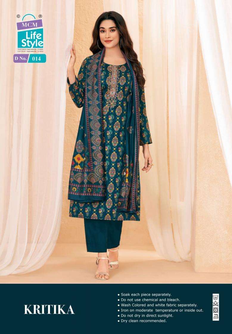 KRITIKA SERIES 009 TO 016 BY MCM DESIGNER DISCHARGE FOIL PRINT AND EMBROIDERY WORK JAM SATIN SUITS ARE AVAILABLE AT WHOLESALE PRICE 