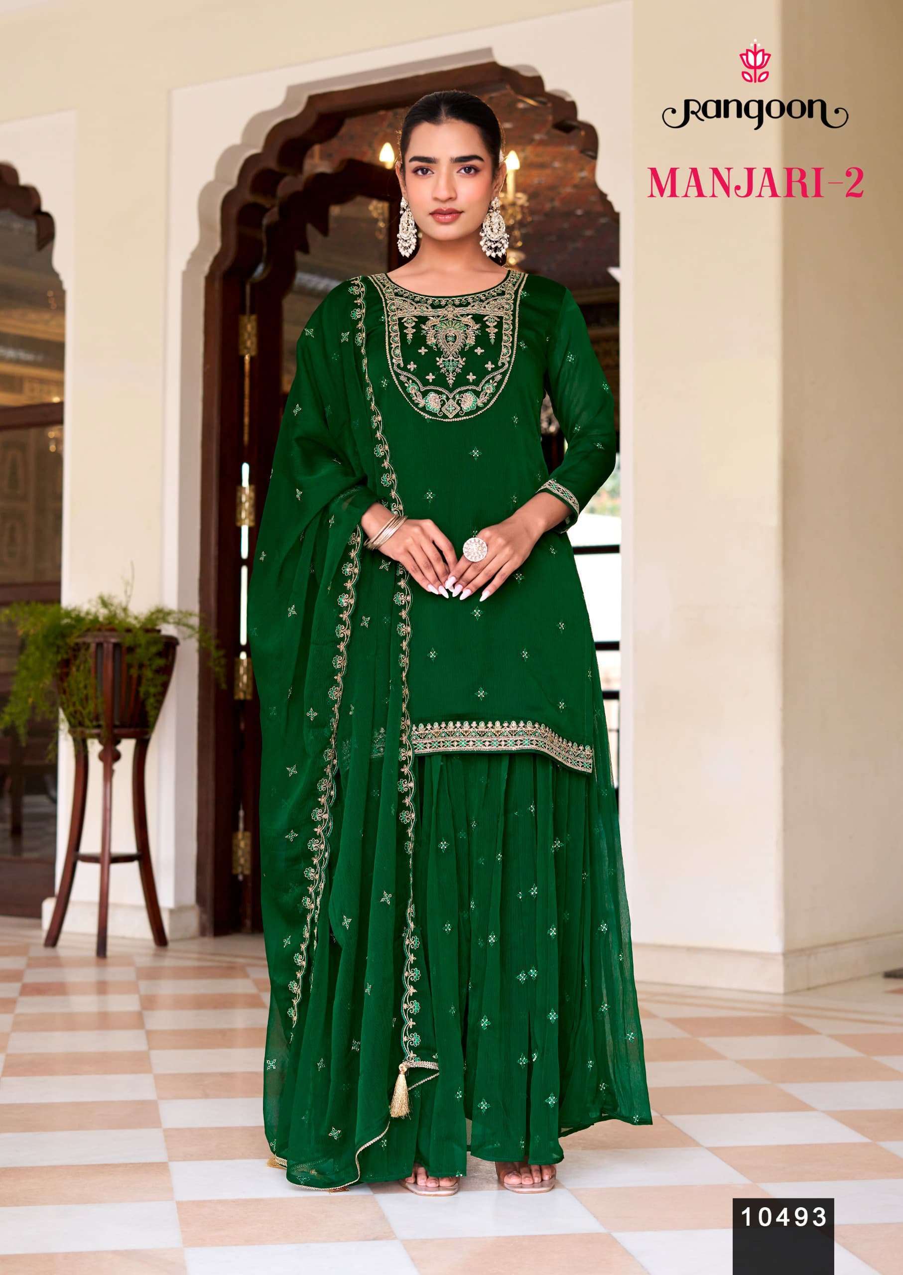 MANJARI VOL-2 SERIES 10491 TO 10494 BY RANGOON DESIGNER FANCY CODE WORK CHIFFONE TOP WITH BOTTOM AND DUPATTA ARE AVAILABLE AT WHOLESALE PRICE