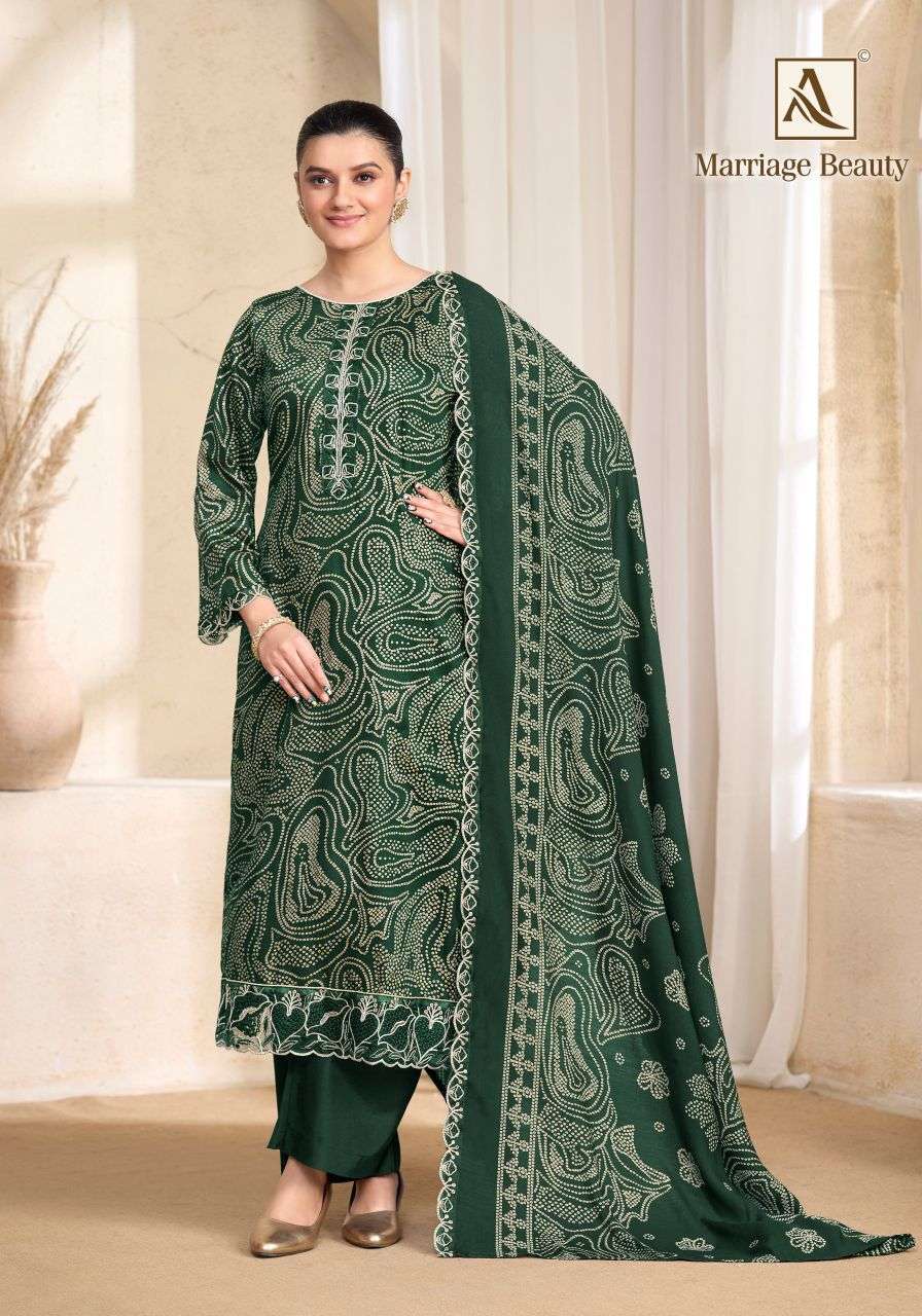 MARRIAGE BEAUTY SERIES 2248 BY ALOK SUITS DESIGNER ZAM COTTON DISCHARGE PRINT AND EMBROIDERY WORK SUITS ARE AVAILABLE AT WHOLESALE PRICE