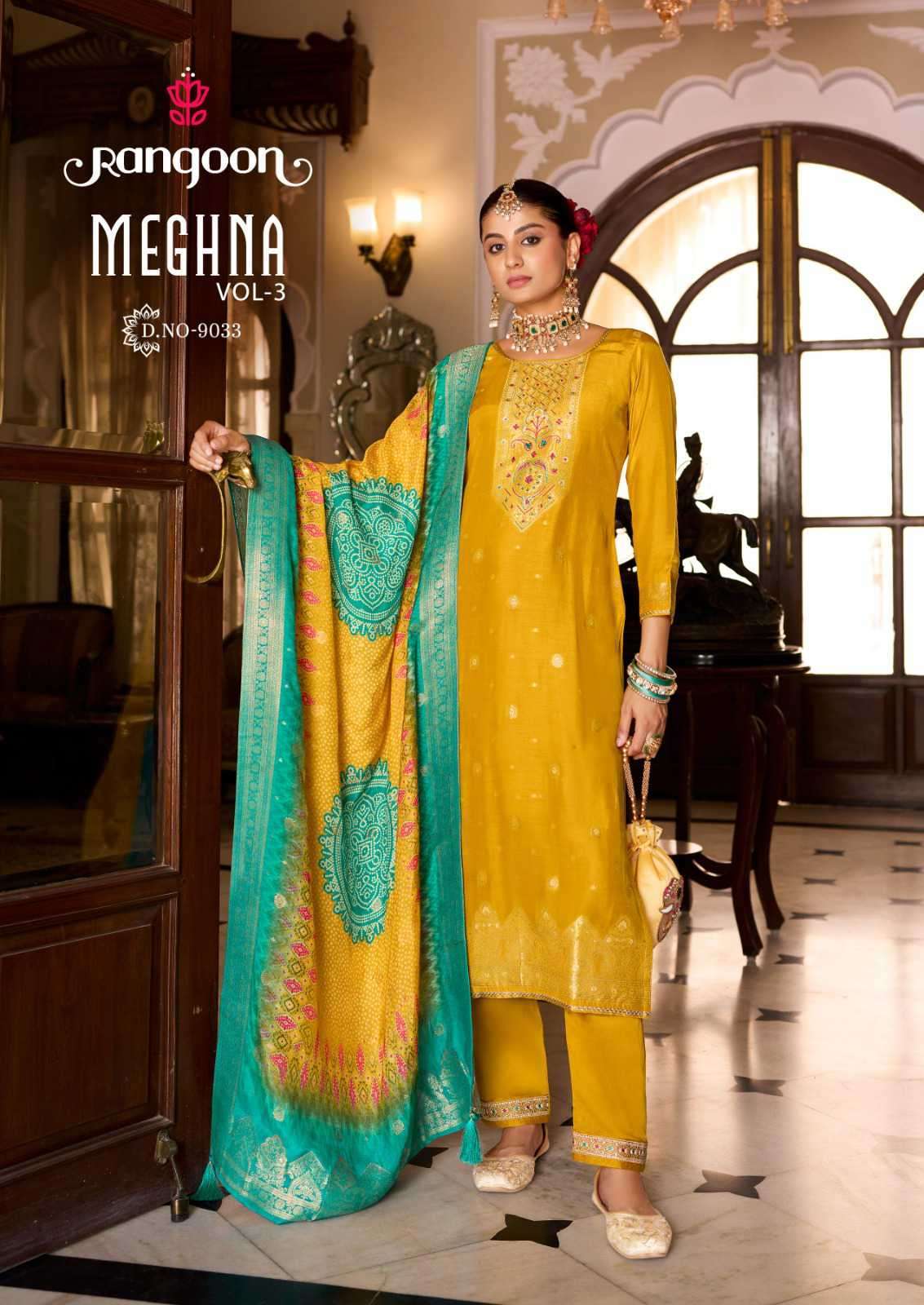 MEGHNA VOL-3 SERIES 9031 TO 9034 BY RANGOON DESIGNER KHATLI HAND WORK JACQUARD TOP WITH BOTTOM AND DUPATTA ARE AVAILABLE AT WHOLESALE PRICE