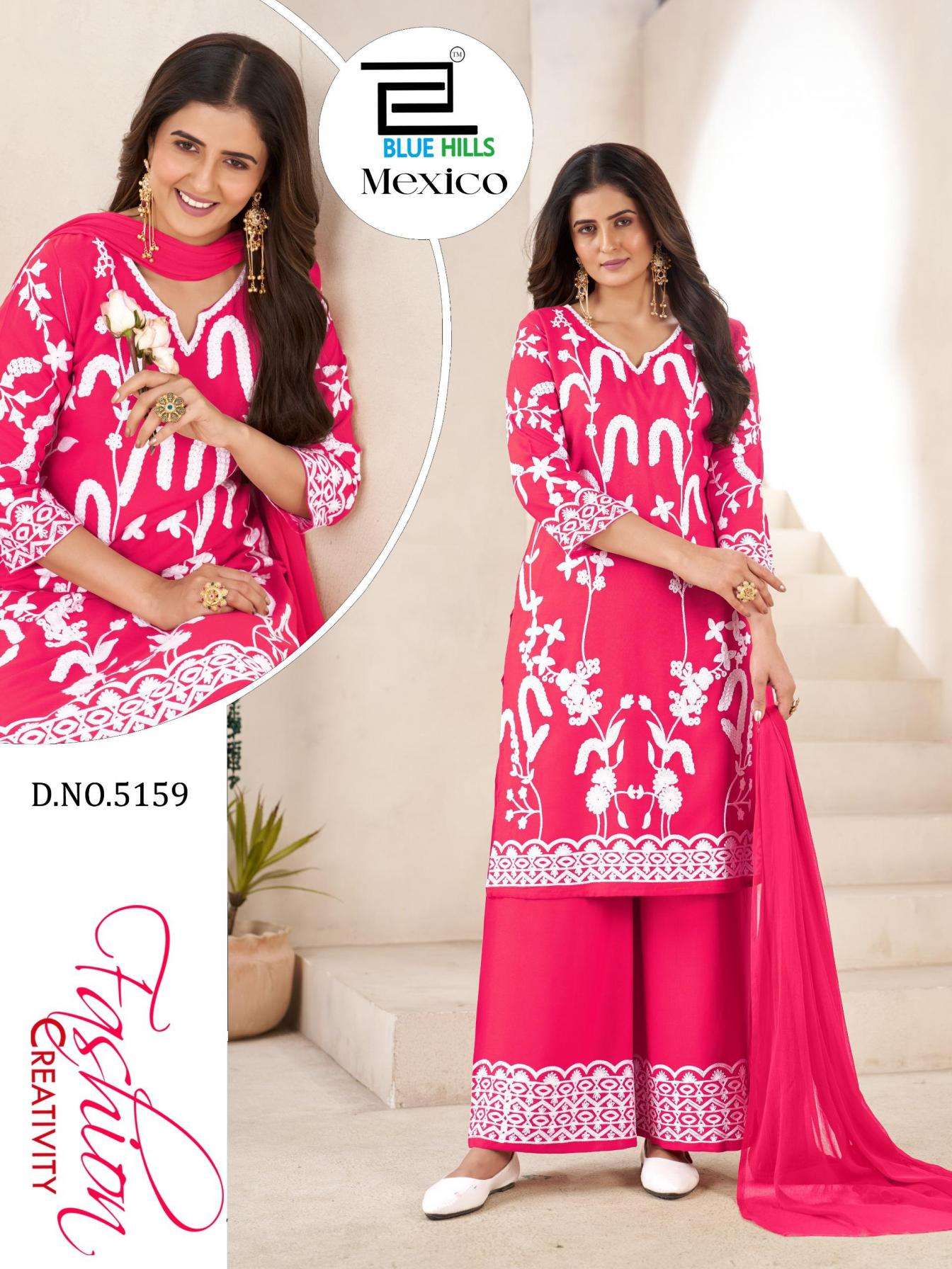 MEXICO SERIES 5160 TO 5163 BY BLUE HILLS DESIGNER THREAD WORK RAYON KURTI WITH PLAZZO AND DUPATTA ARE AVAILABLE AT WHOLESALE PRICE