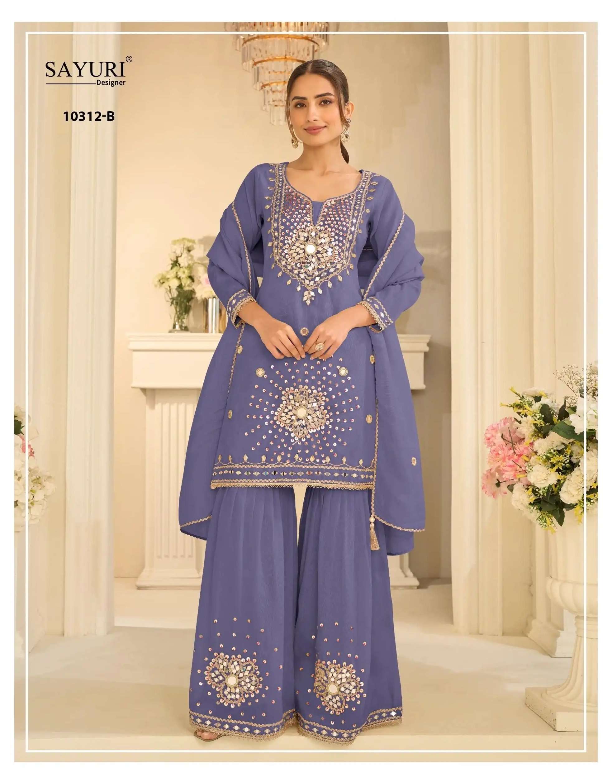 MIRROR COLLECTION SERIES 10312 BY SAYURI DESIGNER EMBROIDERY AND MIRROR WORK SHIMMER SILK READYMADE SUITS ARE AVAILABLE AT WHOLESALE PRICE