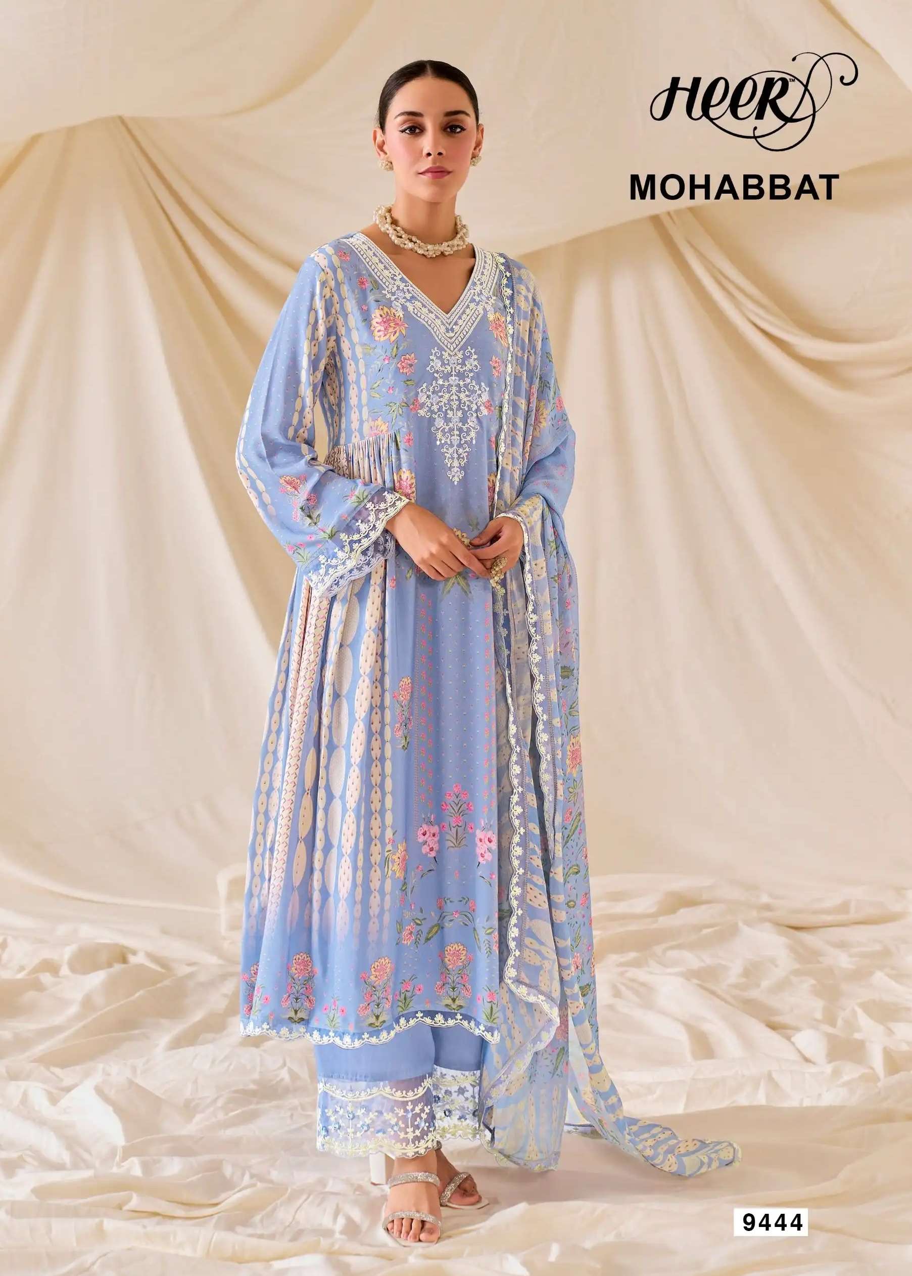 MOHABBAT SERIES 9441 TO 9446 BY HEER KIMORA DESIGNER MUSLIN DIGITAL PRINTED AND DORI EMBROIDERY WORK SUITS ARE AVAILABLE AT WHOLESALE PRICE