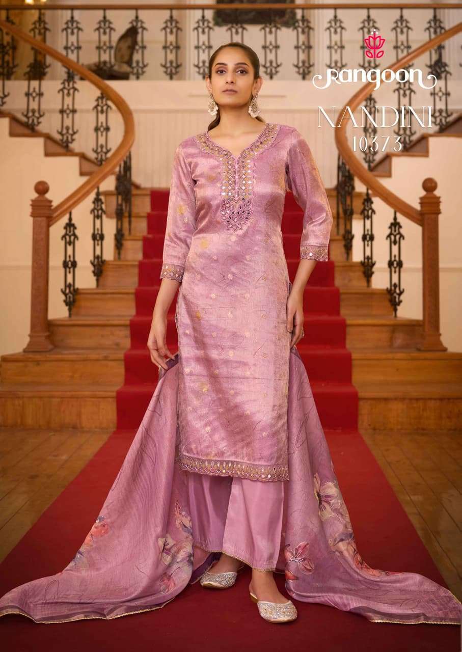 NANDINI SERIES 10371 TO 10374 BY RANGOON DESIGNER DIGITAL PRINTED WITH EMBROIDERY WORK AND MIRROR WORK VISCOSE TOP WITH BOTTOM AND DUPATTA ARE AVAILABLE AT WHOLESALE PRICE