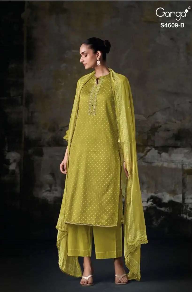 NELIYA SERIES 4609 BY GANGA DESIGNER COTTON SATIN PRINTED AND EMBROIDERY WORK SUITS ARE AVAILABLE AT WHOLESALE PRICE