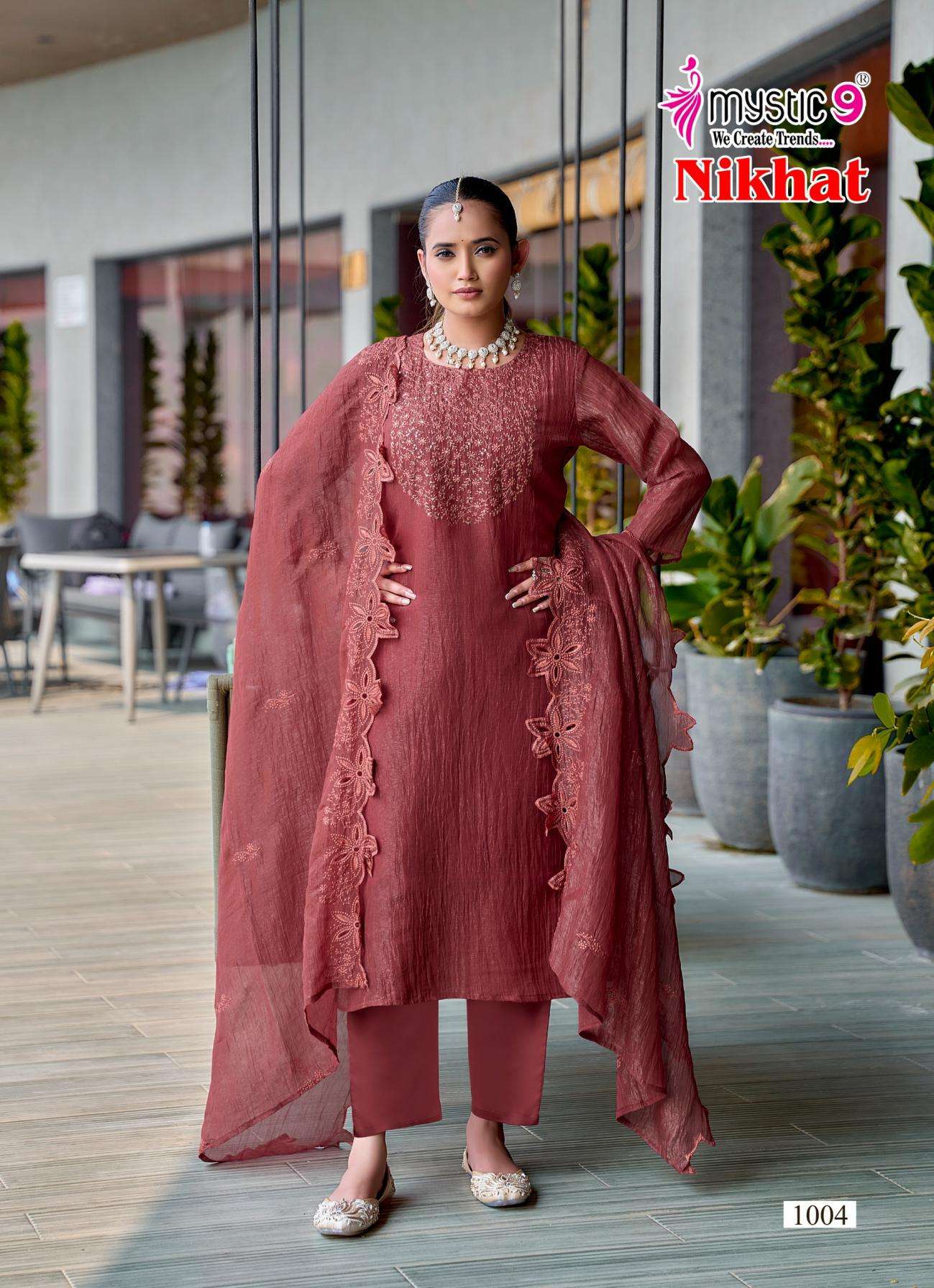 NIKAT VOL-1 SERIES 1001 TO 1008 BY MYSTIC 9 DESIGNER EMBROIDERY WORK WRINKLE BURBERRY SILK KURTI WITH BOTTOM AND DUPATTA ARE AVAILABLE AT WHOLESALE PRICE
