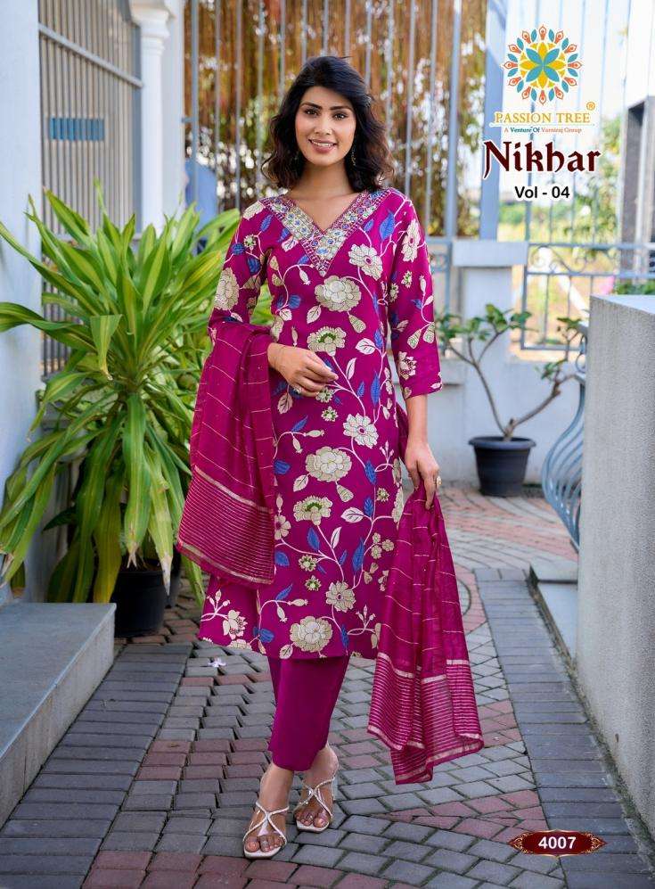NIKHAR VOL-4 SERIES 4001 TO 4008 BY PASSION TREE DESIGNER FOIL PRINTED AND EMBROIDERY WORK RAYON KURTI WITH BOTTOM AND DUPATTA ARE AVAILABLE AT WHOLESALE PRICE