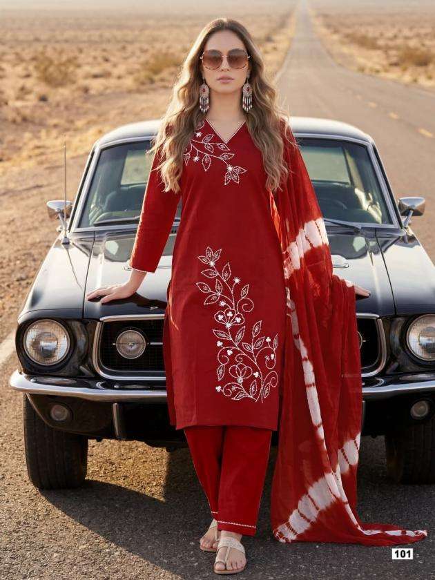 NOORIE SERIES 101 TO 106 BY OSSM DESIGNER EMBROIDERY WORK DHABU COTTON KURTI WITH BOTTOM AND DUPATTA ARE AVAILABLE AT WHOLESALE PRICE