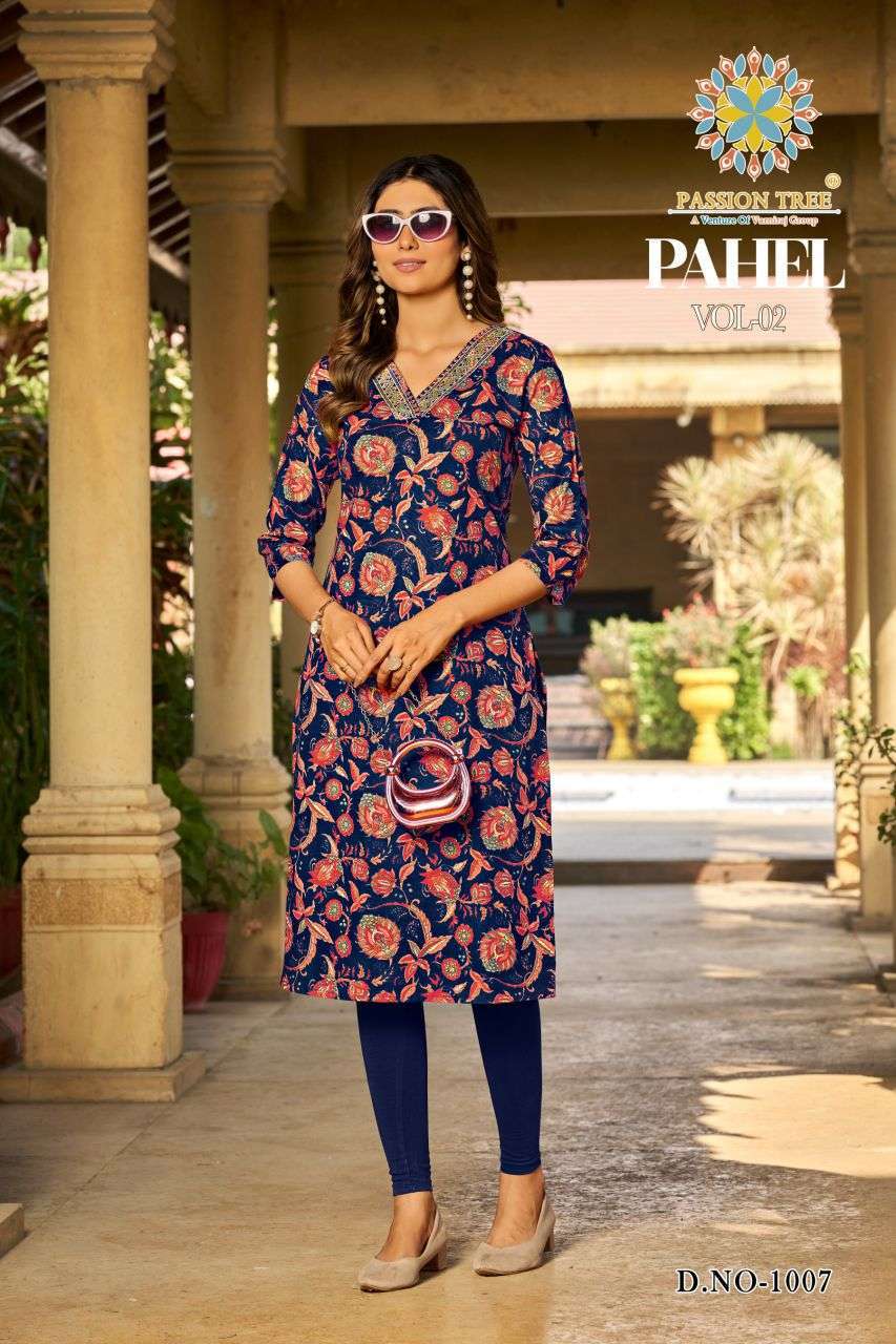 PAHEL VOL-2 SERIES 1001 TO 1010 BY PASSION TREE DESIGNER PRINTED CAND EMBROIDERY WORK OTTON KURTIS ARE AVAILABLE AT WHOLESALE PRICE
