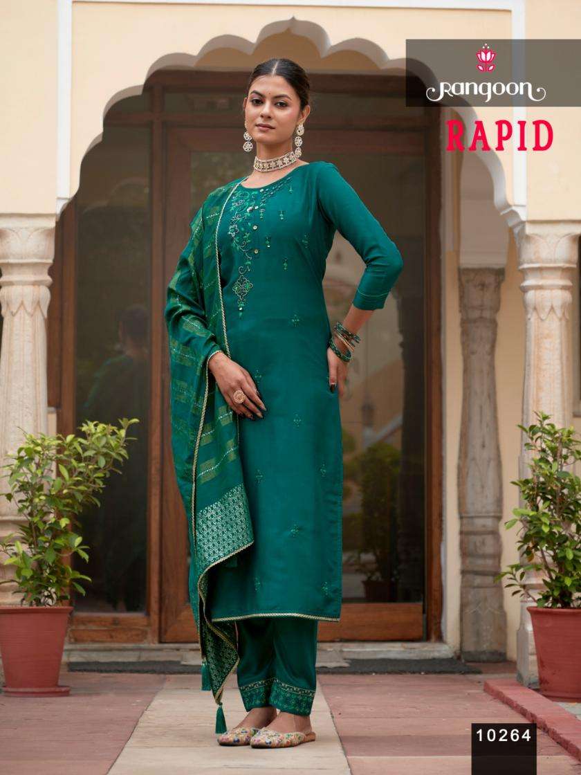 RAPID SERIES 10261 TO 10266 BY RANGOON DESIGNER COTTON WORK AND KHATLI HAND WORK VISCOSE TOP WITH BOTTOM AND DUPATTA ARE AVAILABLE AT WHOLESALE PRICE