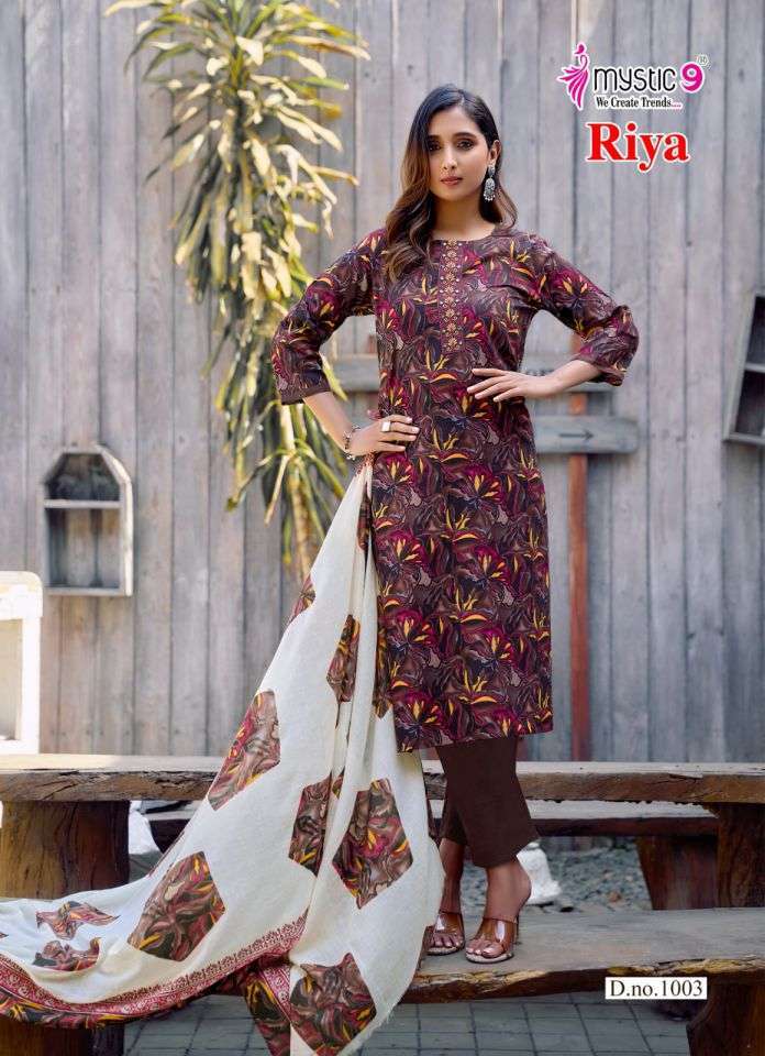 RIYA VOL-1 SERIES 1001 TO 1008 BY MYSTIC 9 DESIGNER CAMBRIC COTTON PRINTED AND EMBROIDERY WORK KURTI WITH BOTTOM AND DUPATTA ARE AVAILABLE AT WHOLESALE PRICE