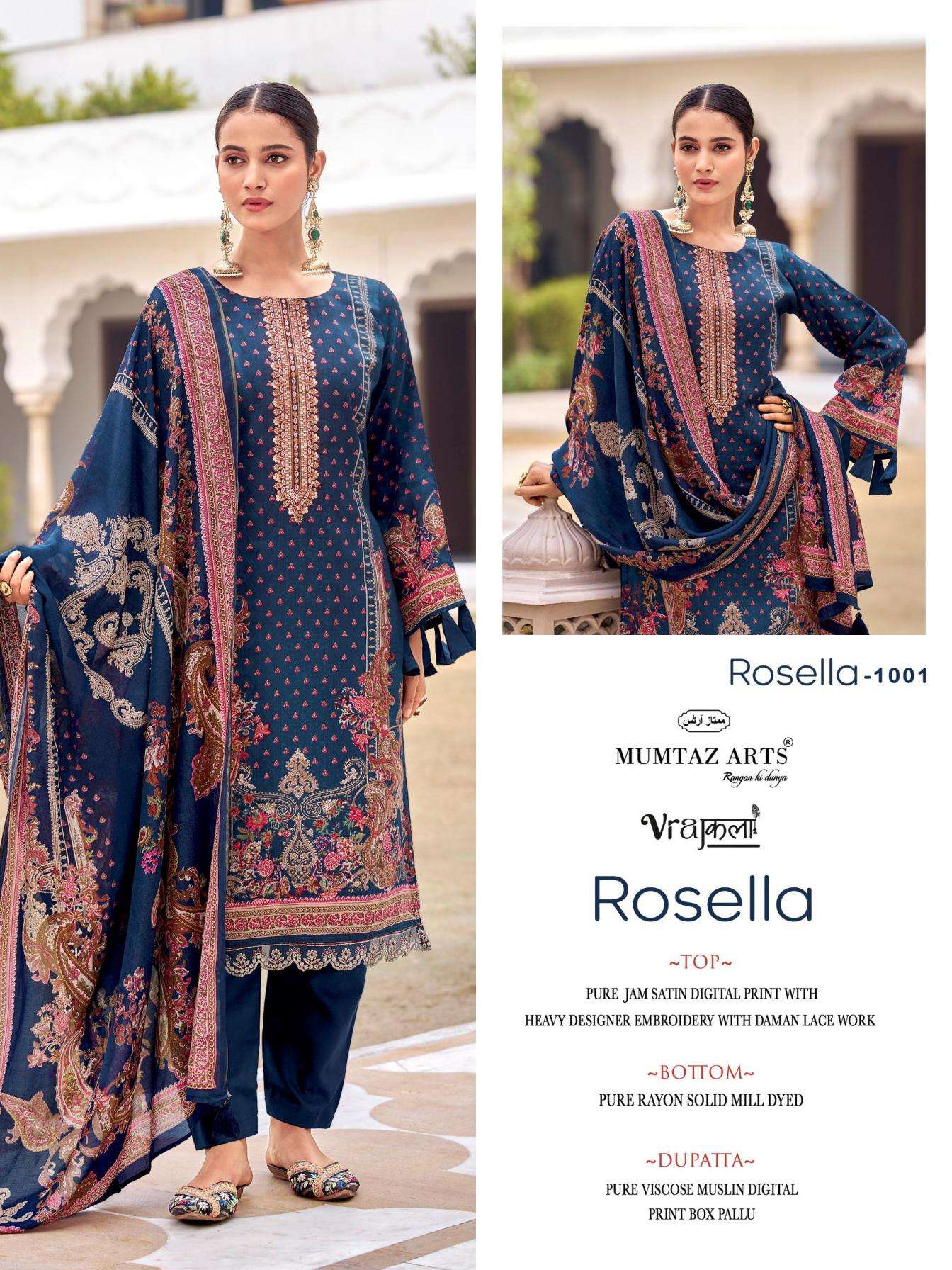 ROSELLA SERIES 1001 TO 1006 BY MUMTAZ ARTS DESIGNER DIGITAL PRINTED AND EMBROIDERY WORK JAAM SATIN SUITS ARE AVAILABLE AT WHOLESALE PRICE