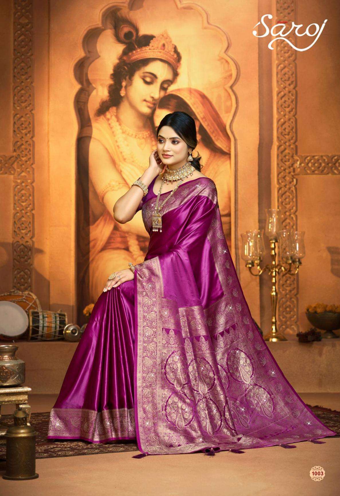 SAARINA SATIN SAROSKI VOL-3 SERIES 1001 TO 1004 SAREE BY SAROJ DESIGNER GALA CONCEPT AND SAROSKI WORK SATIN SILK SAREES ARE AVAILABLE AT WHOLESALE PRICE