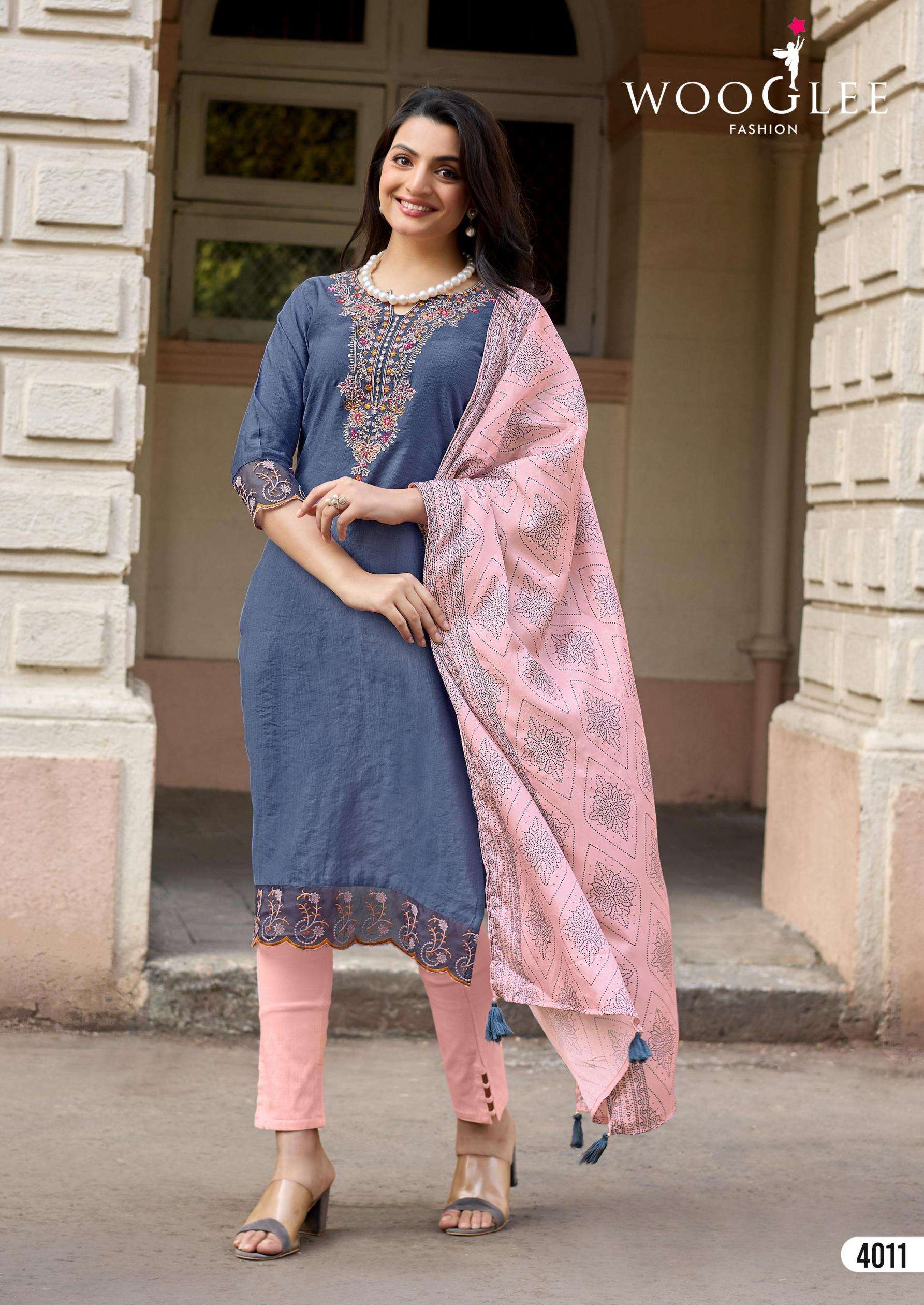 SAGAAI VOL-3 SERIES 4007 TO 4012 BY WOOGLEE DESIGNER HAND WORK AND THREAD WORK VISCOSE WEAVING KURTI WITH PANT AND DUPATTA ARE AVAILABLE AT WHOLESALE PRICE