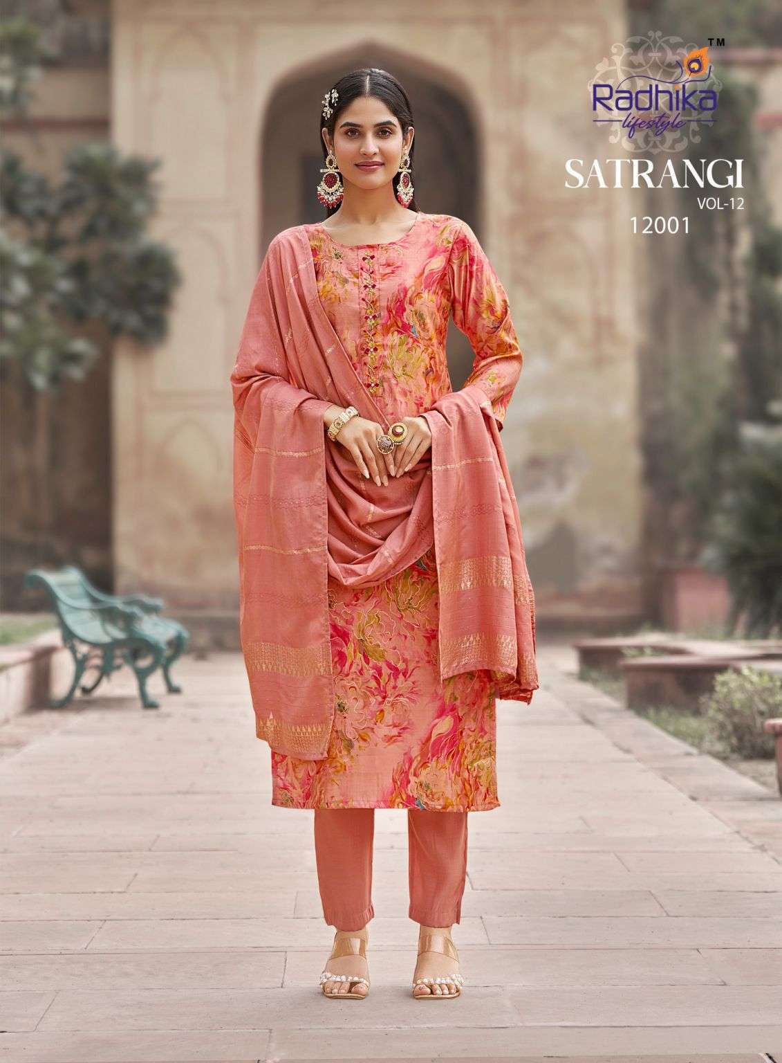 SATRANGI VOL-12 SERIES 12001 TO 12006 BY RADHIKA LIFESTYLE DESIGNER HAND WORK ROMAN KURTI WITH BOTTOM AND DUPATTA ARE AVAILABLE AT WHOLESALE PRICE