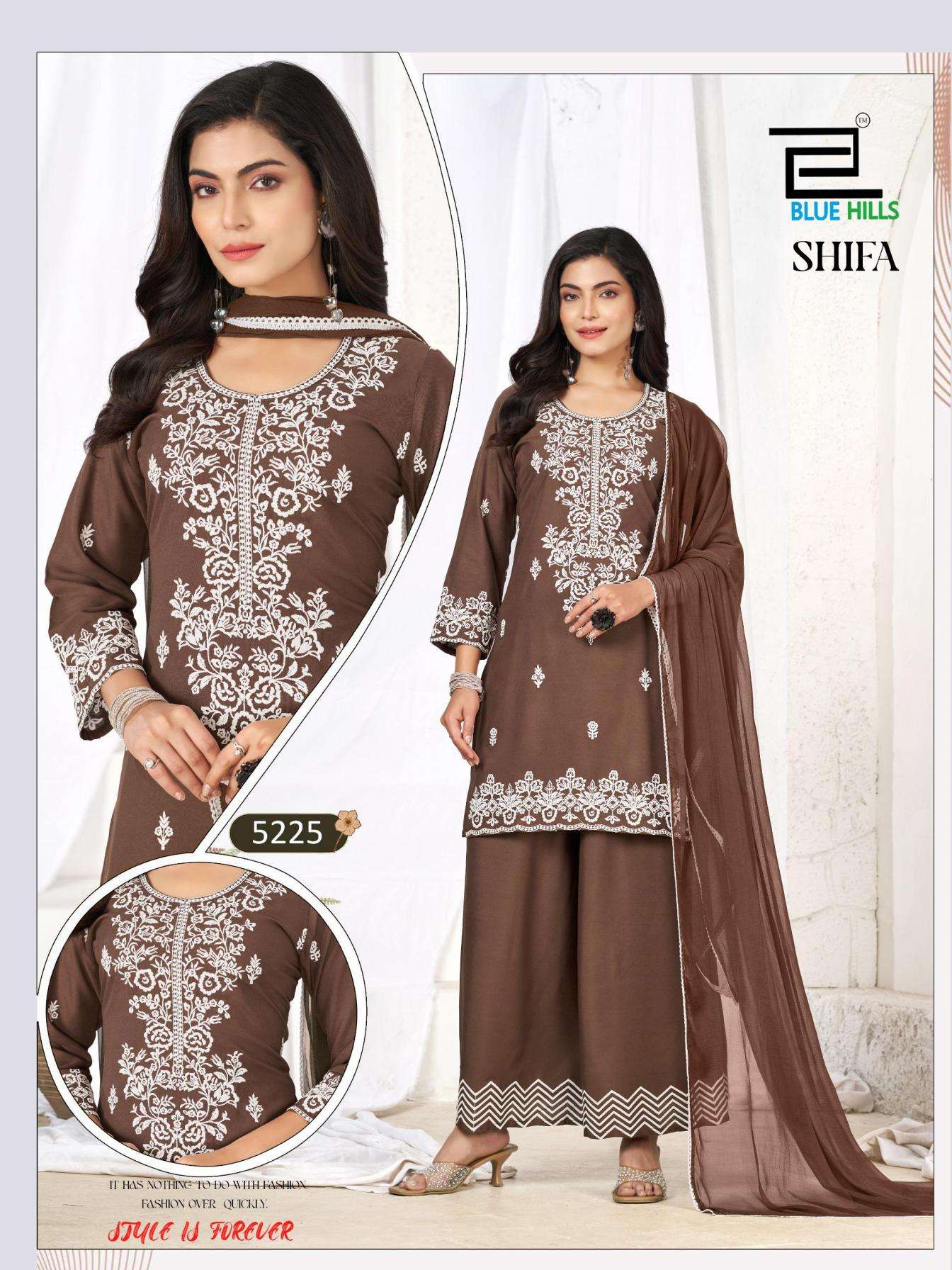 SHIFA SERIES 5025 TO 5028 BY BLUE HILLS DESIGNER RAYON THREAD WORK KURTI WITH PLAZZO AND DUPATTA ARE AVAILABLE AT WHOLESALE PRICE