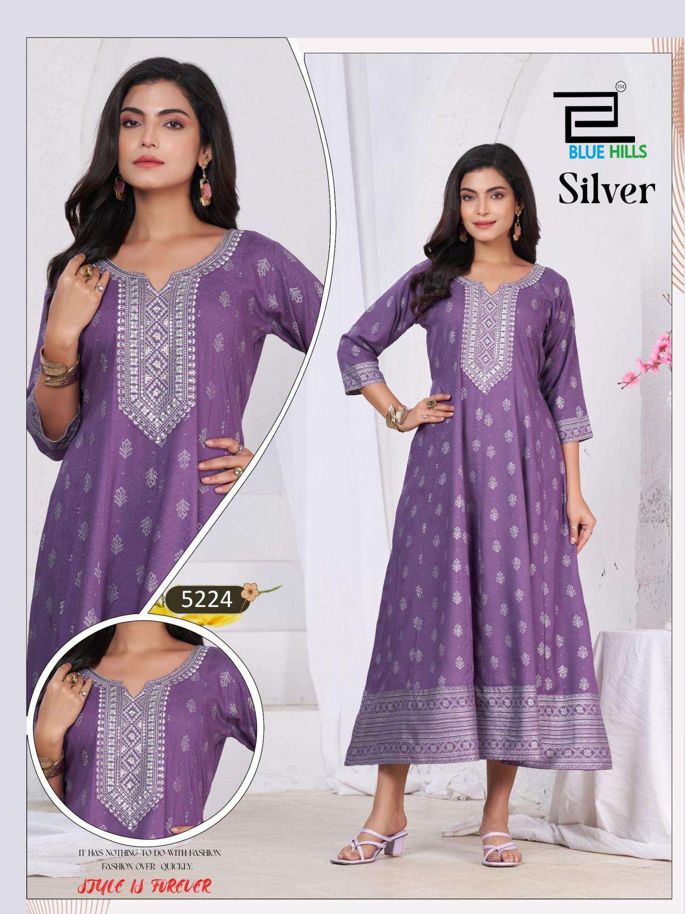 SILVER SERIES 5219 TO 5224 BY BLUE HILLS DESIGNER PRINTED AND NECK EMBROIDERY WORK RAYON GOWN STYLE KURTIS ARE AVAILABLE AT WHOLESALE PRICE