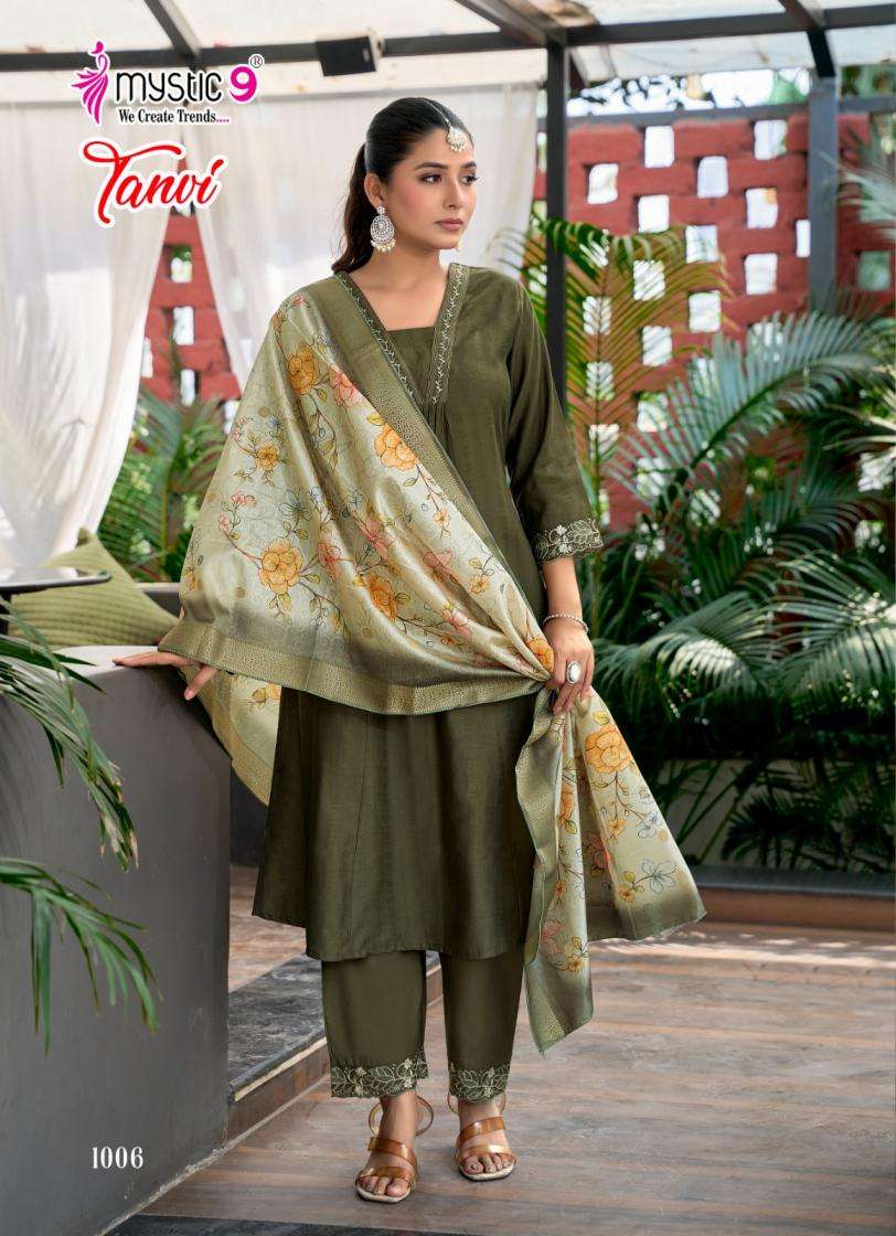 TANVI VOL-1 SERIES 1001 TO 1008 BY MYSTIC 9 DESIGNER VATICAN DOBBY EMBROIDERY WORK KURTI WITH BOTTOM AND DUPATTA ARE AVAILABLE AT WHOLESALE PRICE
