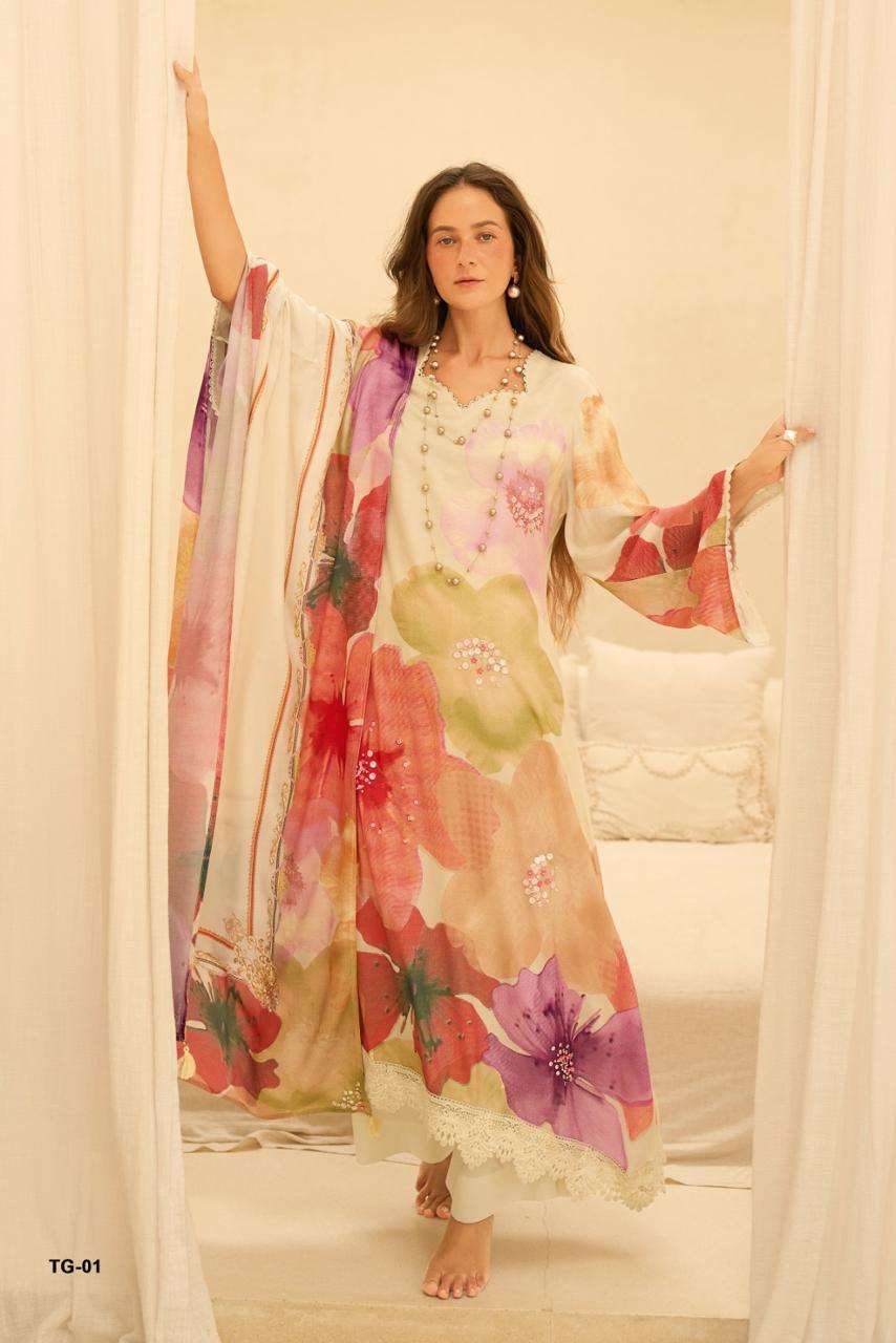 TOUCCH OF GOLD SERIES 01 TO 04 BY VARSHA DESIGNER VISCOSE MUSLIN DIGITAL PRINTED WITH THREAD AND ZARI HAND WORK SUITS ARE AVAILABLE AT WHOLESALE PRICE