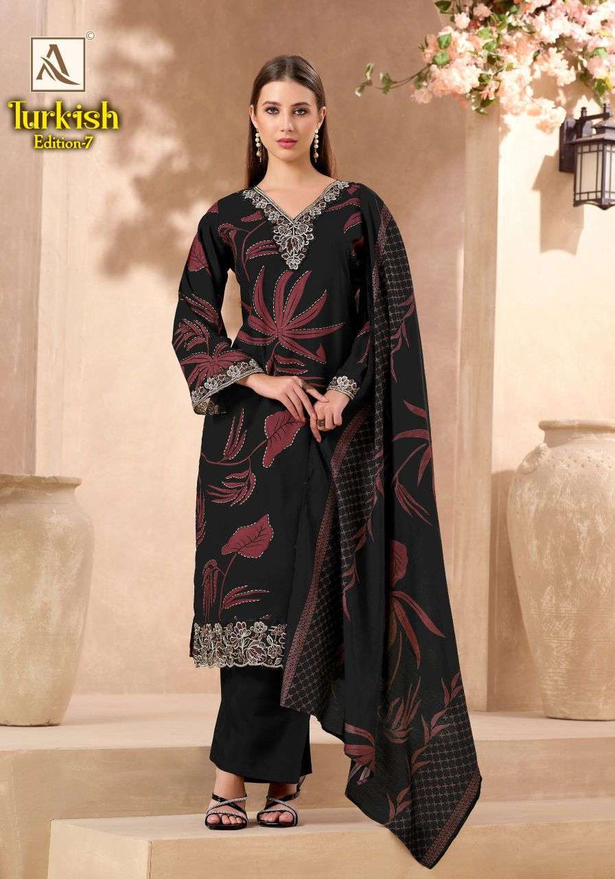 TURKISH EDITION-7 SERIES 2239 BY ALOK SUITS DESIGNER PRINTED AND EMBROIDERY WORK VISCOSE RAYON SUITS ARE AVAILABLE AT WHOLESALE PRICE
