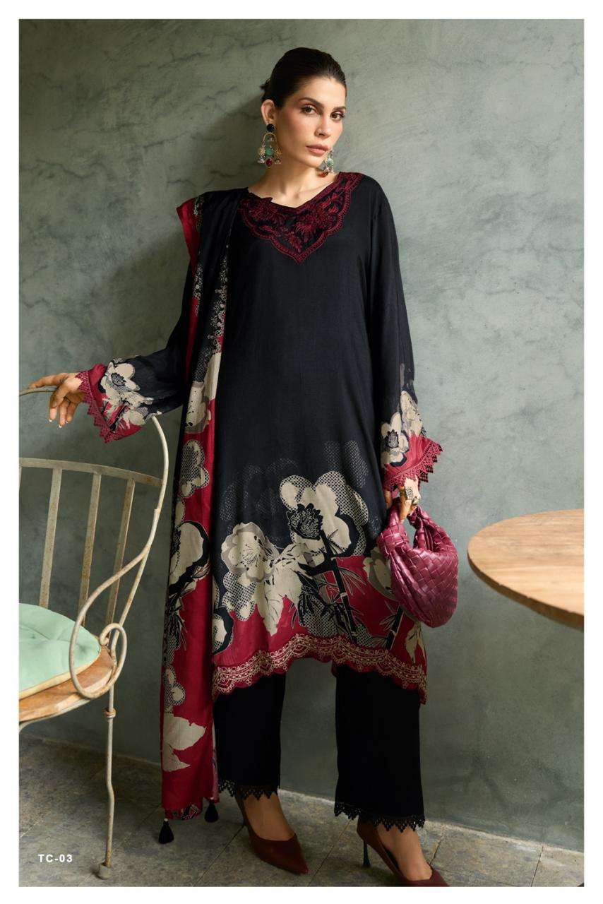 TUSCANY SERIES 01 TO 04 BY VARSHA DESIGNER DIGITAL PRINTED AND EMBROIDERY WORK VISCOSE MUSLIN SUITS ARE AVAILABLE AT WHOLESALE PRICE