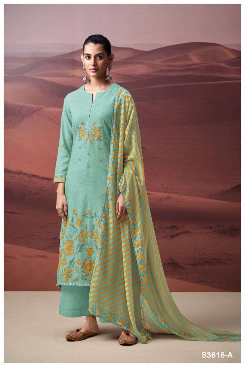 VANSHIKA SERIES 3616 BY GANGA DESIGNER PRINTED WITH HAND EMBROIDERY AND EMBROIDERY WORK COTTON LINEN SUITS ARE AVAILABLE AT WHOLESALE PRICE