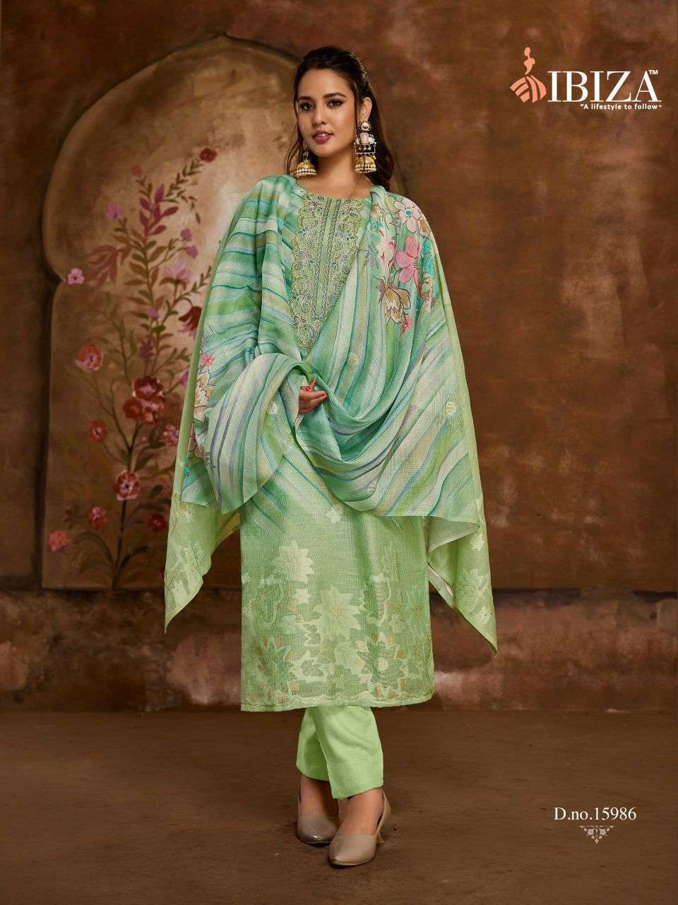 VESNAVI SERIES 15984 TO 15987 BY IBIZA DESIGNER EMBROIDERY AND HAND WORK LINEN JACQUARD SUITS ARE AVAILABLE AT WHOLESALE PRICE