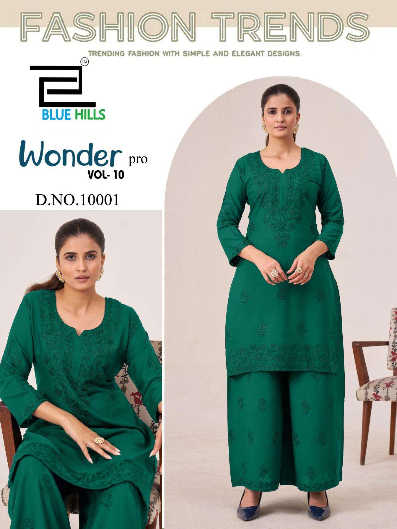 WONDER PRO VOL-10 SERIES 10001 TO 10004 BY BLUE HILLS DESIGNER WORK RAYON KURTI WITH PLAZZO ARE AVAILABLE AT WHOLESALE PRICE