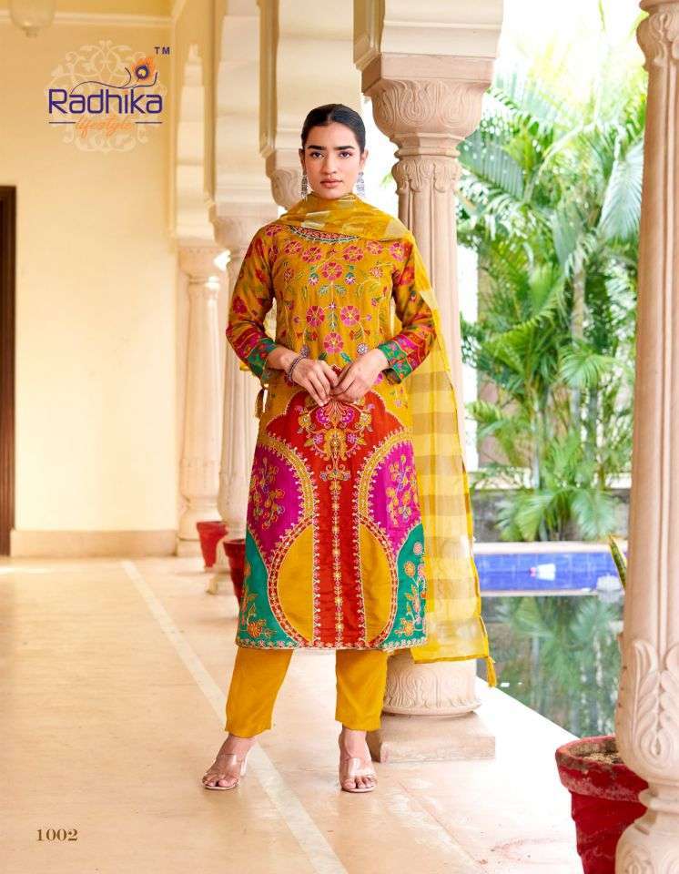 ZIANA VOL-1 SERIES 1001 TO 1004 BY RADHIKA LIFESTYLE DESIGNER POSITION PRINT AND WORK DOLA SILK TOP WITH BOTTOM AND DUPATTA ARE AVAILABLE AT WHOLESALE PRICE