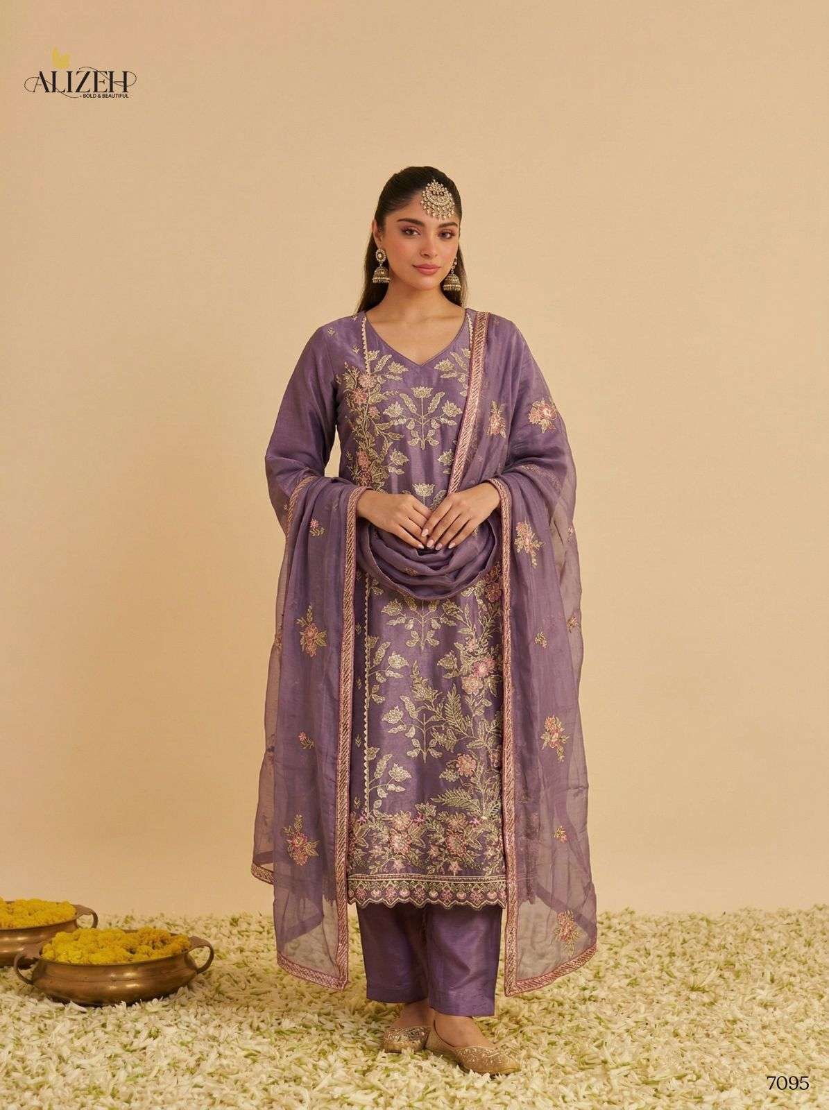 ALIZEH SERIES 7095 TO 7097 DESIGNER FANCY WORK SHIMMER SILK READYMADE SUITS ARE AVAILABLE AT WHOLESALE PRICE 