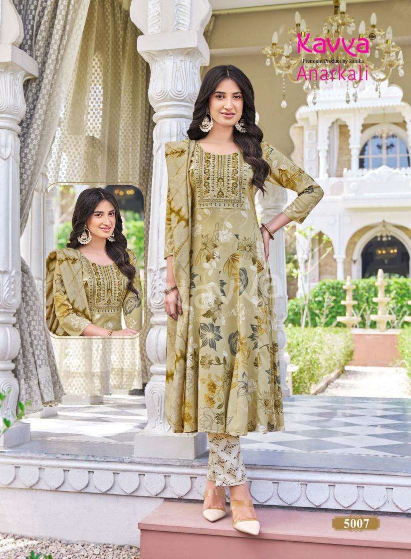 ANARKALI VOL-5 SERIES 5001 TO 5010 BY KAVYA DESIGNER FOIL PRINTED AND EMBROIDERY WORK RAYON KURTI WITH BOTTOM AND DUPATTA ARE AVAILABLE AT WHOLESALE PRICE