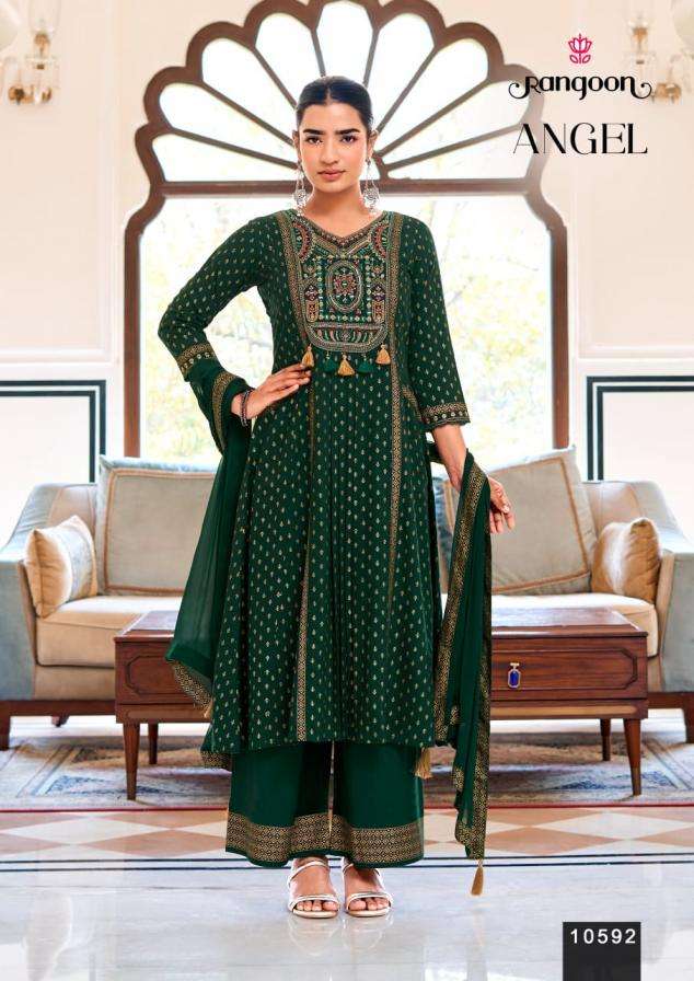 ANGEL SERIES 10301 TO 10304 BY RANGOON DESIGNER PRINTED AND EMBROIDERY WORK RAYON KURTI WITH BOTTOM AND DUPATTA ARE AVAILABLE AT WHOLESALE PRICE
