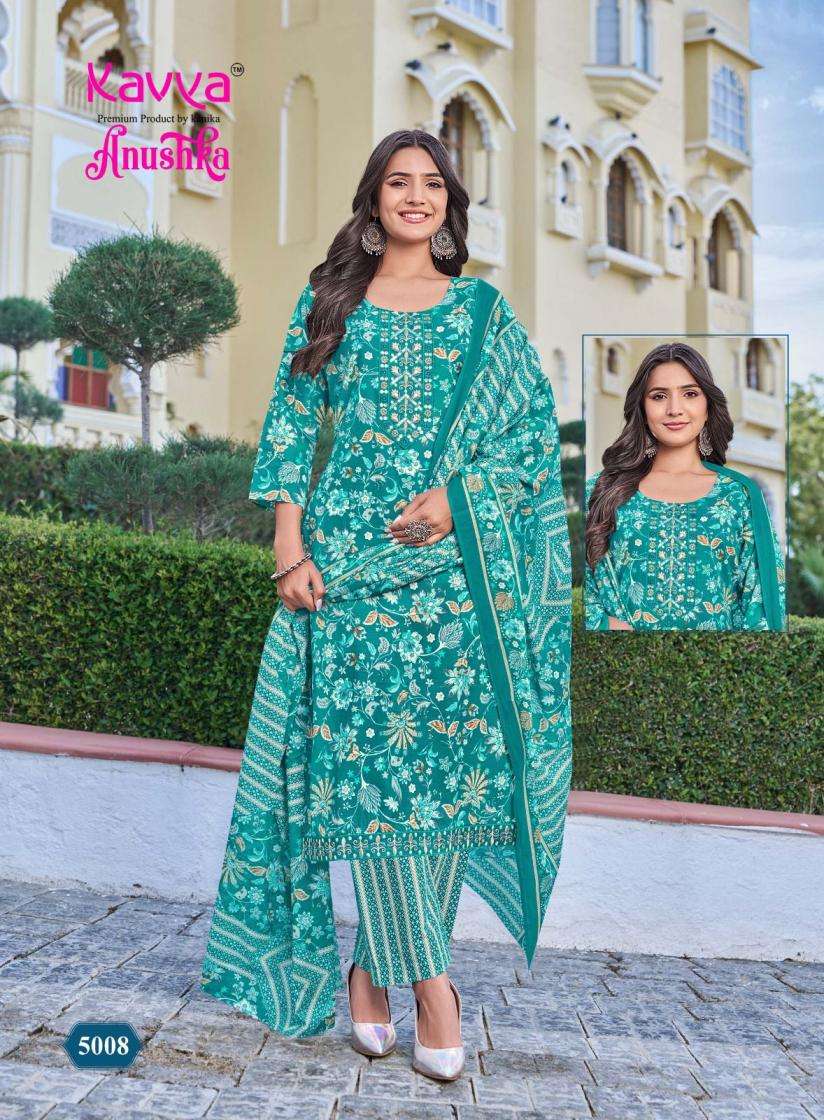 ANUSHKA VOL-5 SERIES 5001 TO 5010 BY KAVYA DESIGNER FOIL PRINTED AND EMBROIDERY WORK COTTON TOP WITH BOTTOM AND DUPATTA ARE AVAILABLE AT WHOLESALE PRICE