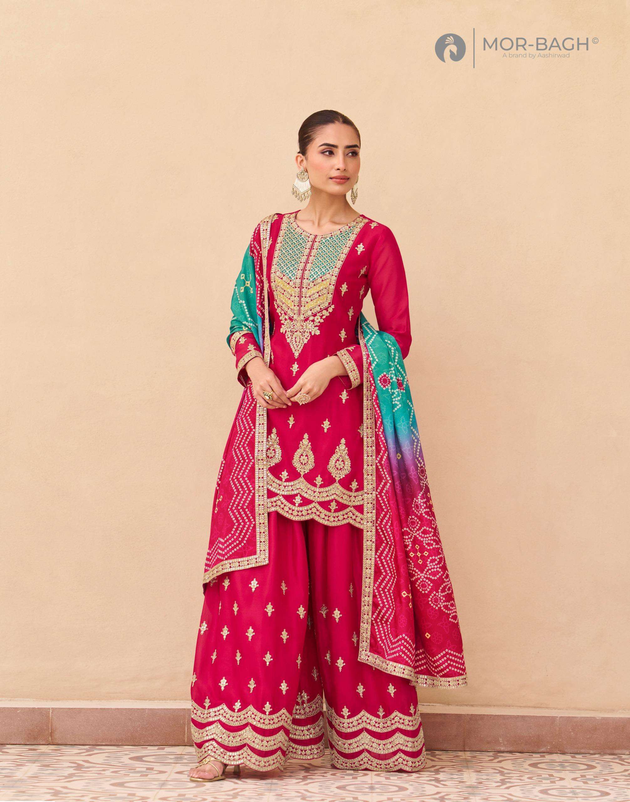 ARUNA SERIES 10659 TO 10661 BY MOR BAGH AASHIRWAD DESIGNER EMBROIDERY WORK READYMADE CHINON SILK SUITS ARE AVAILABLE AT WHOLESALE PRICE