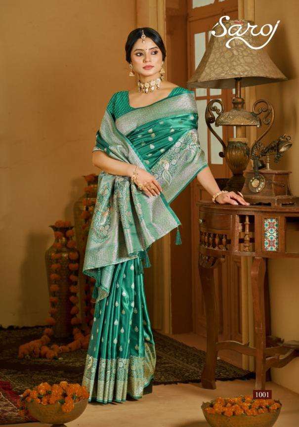 BHAVIKA SATIN SAROSKI VOL-2 SERIES 1001 TO 1005 SAREE BY SAROJ DESIGNER RICH PALLU AND SWAROSKI WORK SATIN SILK SAREES ARE AVAILABLE AT WHOLESALE PRICE