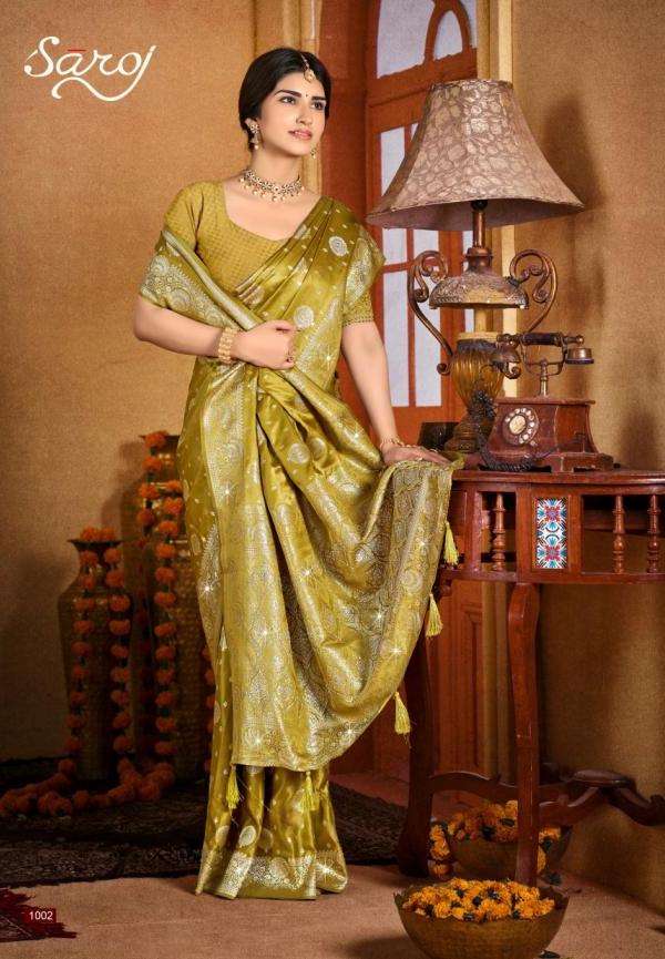 BHAVIKA SATIN SAROSKI VOL-5 SERIES 1001 TO 1005 SAREE BY SAROJ DESIGNER RICH PALLU AND SWAROSKI WORK SATIN SILK SAREES ARE AVAILABLE AT WHOLESALE PRICE