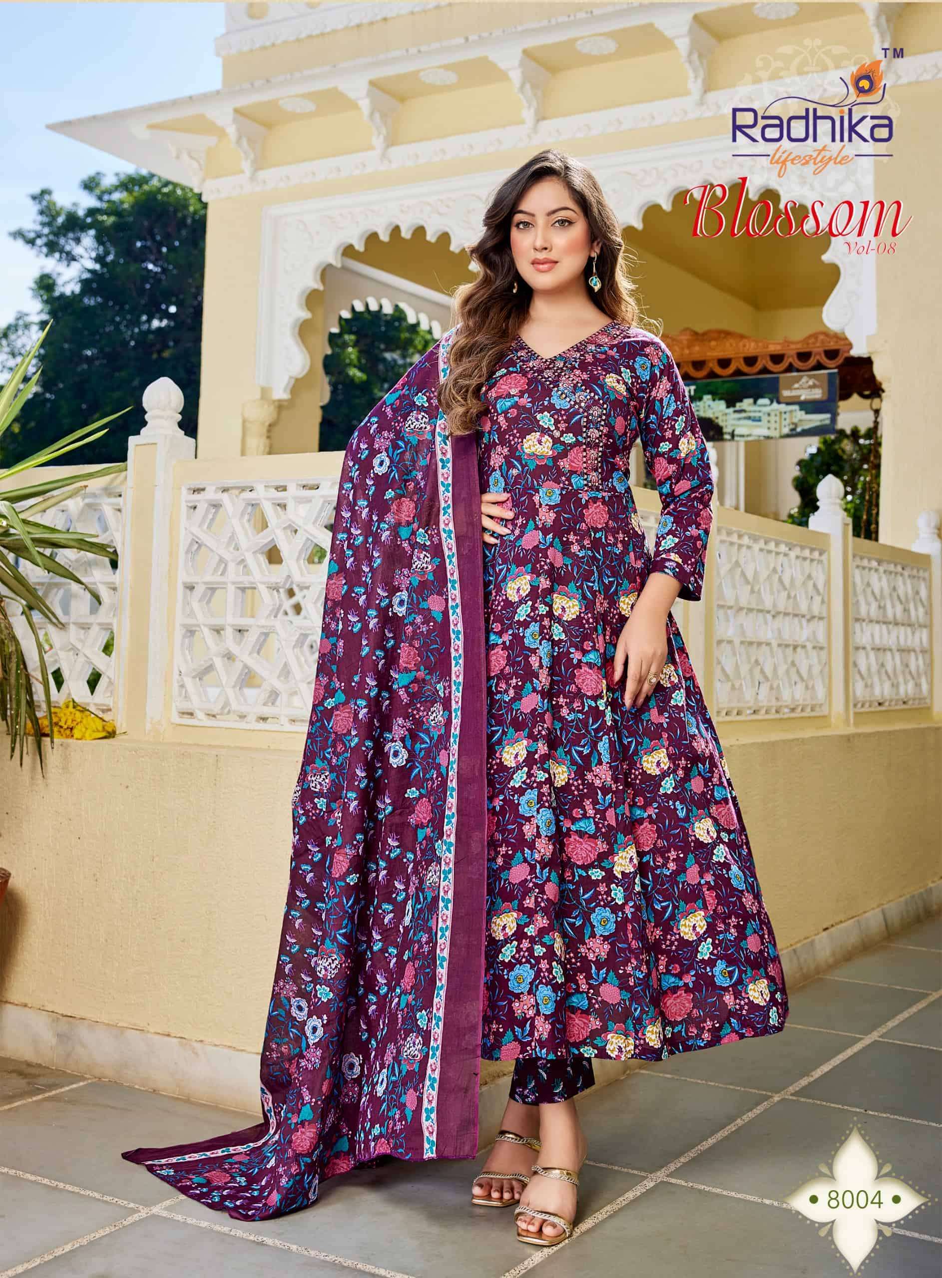 BLOSSOM VOL-8 SERIES 8001 TO 8008 BY RADHIKA LIFESTYLE DESIGNER PRINTED AND WORK COTTON KURTI WITH PLAZZO AND DUPATTA ARE AVAILABLE AT WHOLESALE PRICE