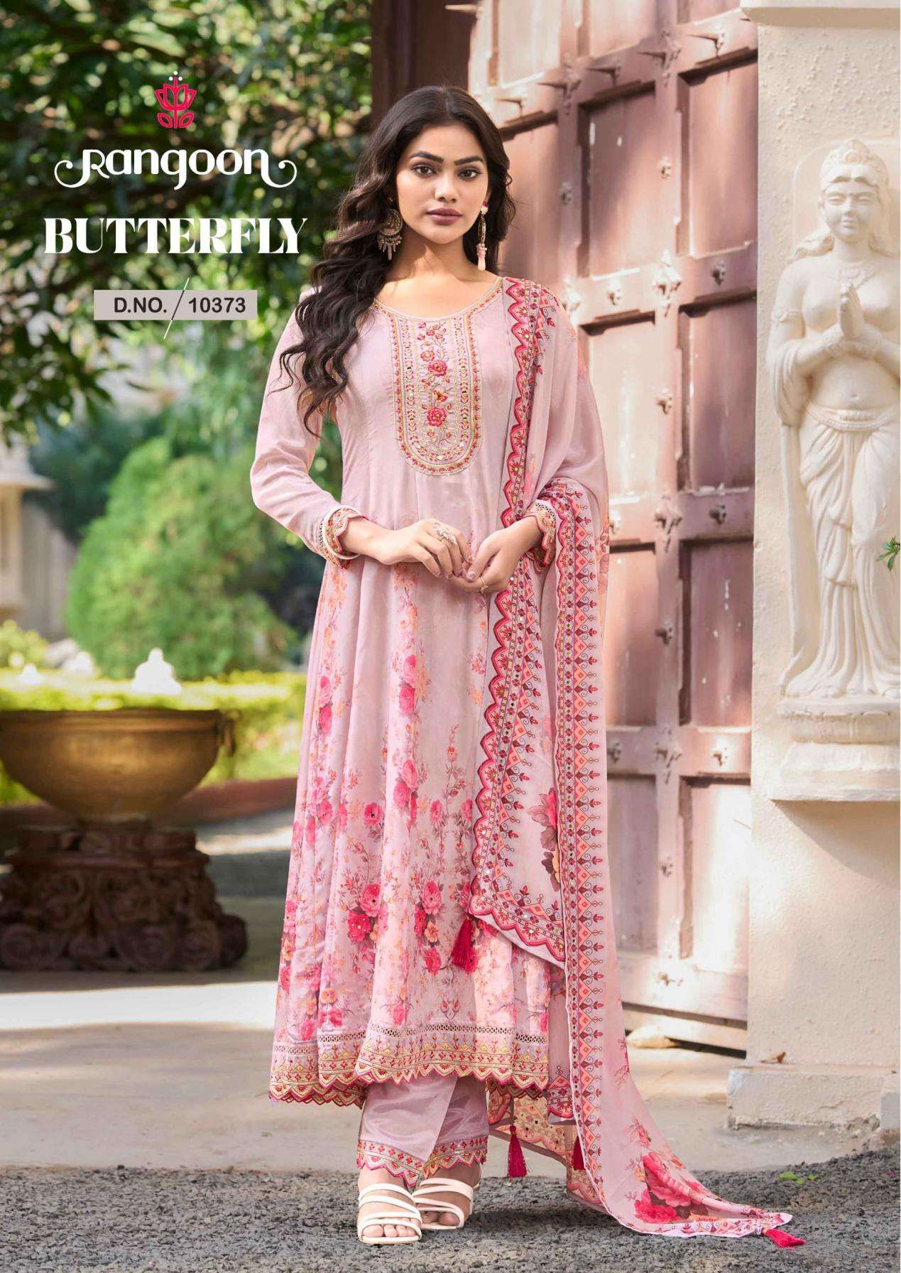 BUTTERFKY SERIES 10371 TO 10374 BY RANGOON DESIGNER DIGITAL PRINTED AND EMBROIDERY WORK ANARKALI CHINON KURTI WITH BOTTOM AND DUPATTA ARE AVAILABLE AT WHOLESALE PRICE